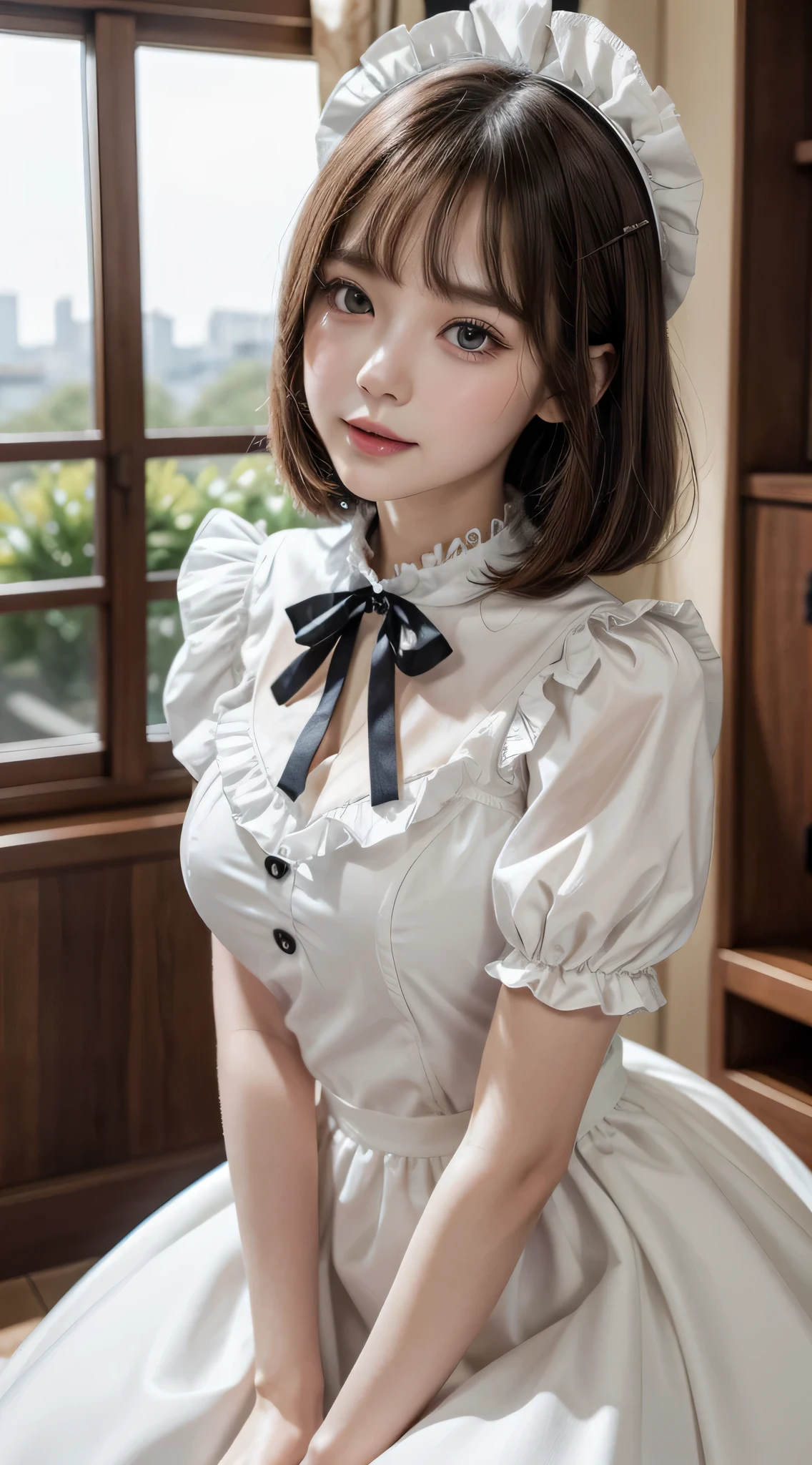 Beautiful white and shining skin、Chestnut hair that changes depending on the light、Long bangs between the eyes that obstruct the view、Cheek gloss highlights、Sexy and very beautiful nice gorgeous face、the most beautiful face in the world、short bob、Smooth straight hair、big breasts、beautiful breasts、cleavage、Big and bright eyes、beautiful bangs、Beautiful and beautiful woman。small face beauty、headdress、white blouse、black ribbon、puff sleeves、collar、choker、white apron with fine frills、black maid costume、Upper body、