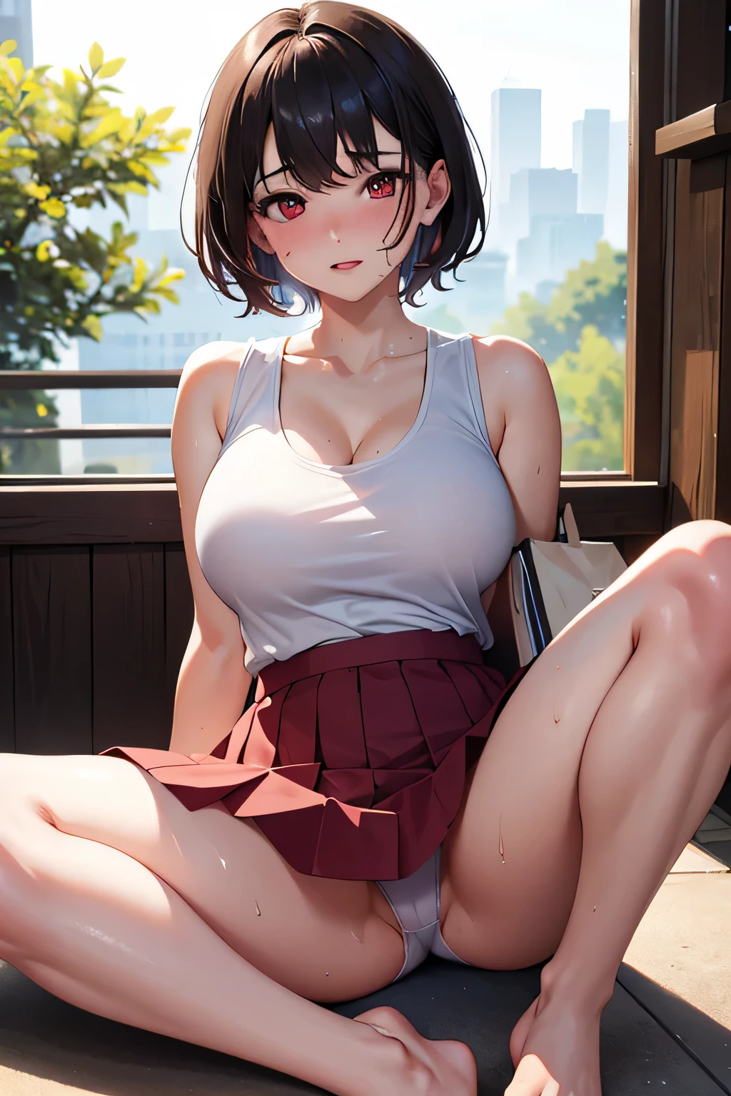 ((4k, masterpiece, highest quality)), 1 girl, anime, short hair, red eyes, big breasts, cute, blush, Sweat,check pleated skirt, underwear, spread your legs, Wet, white tank top, barefoot, whole body, uniform