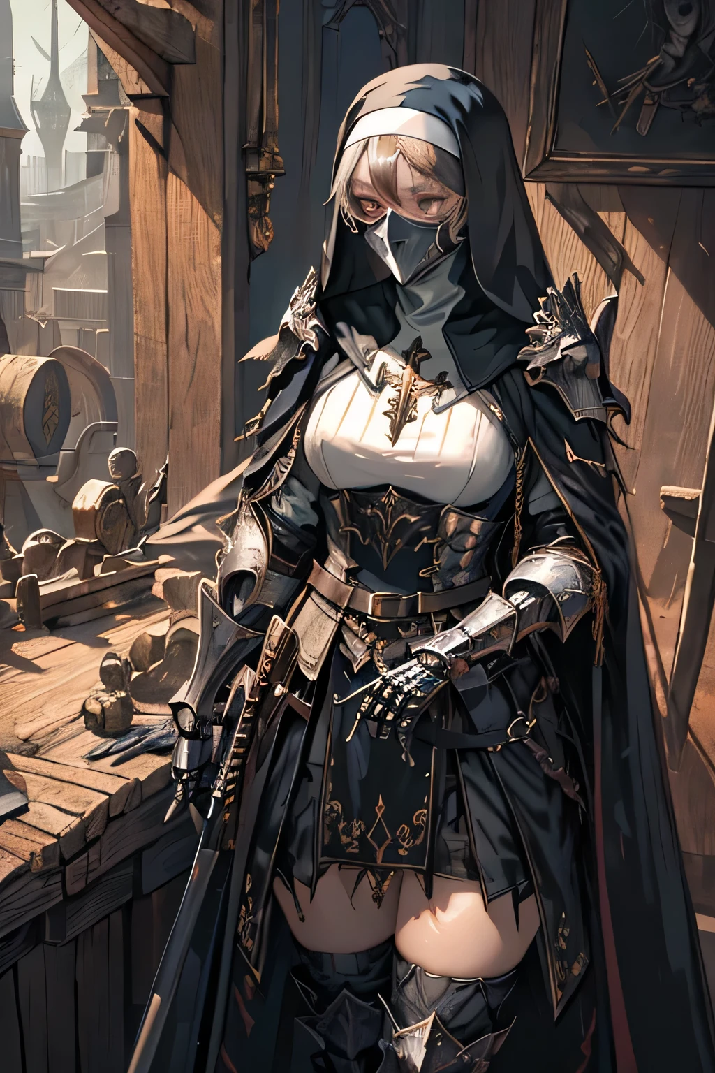 Mysterious female nun covering her face with a mask、combat armor costume、Weapons with a cross motif、detailed description、pursuit of reality、 create style wallpaper. Use a subtle lighting art style、put her in a dimly lit environment。。. in the background, Draw an unforgettable beautiful skeleton, Adds a spooky and enchanting atmosphere to your work.long legs、realistic、have a sword、trying to cut something、dynamic pose
