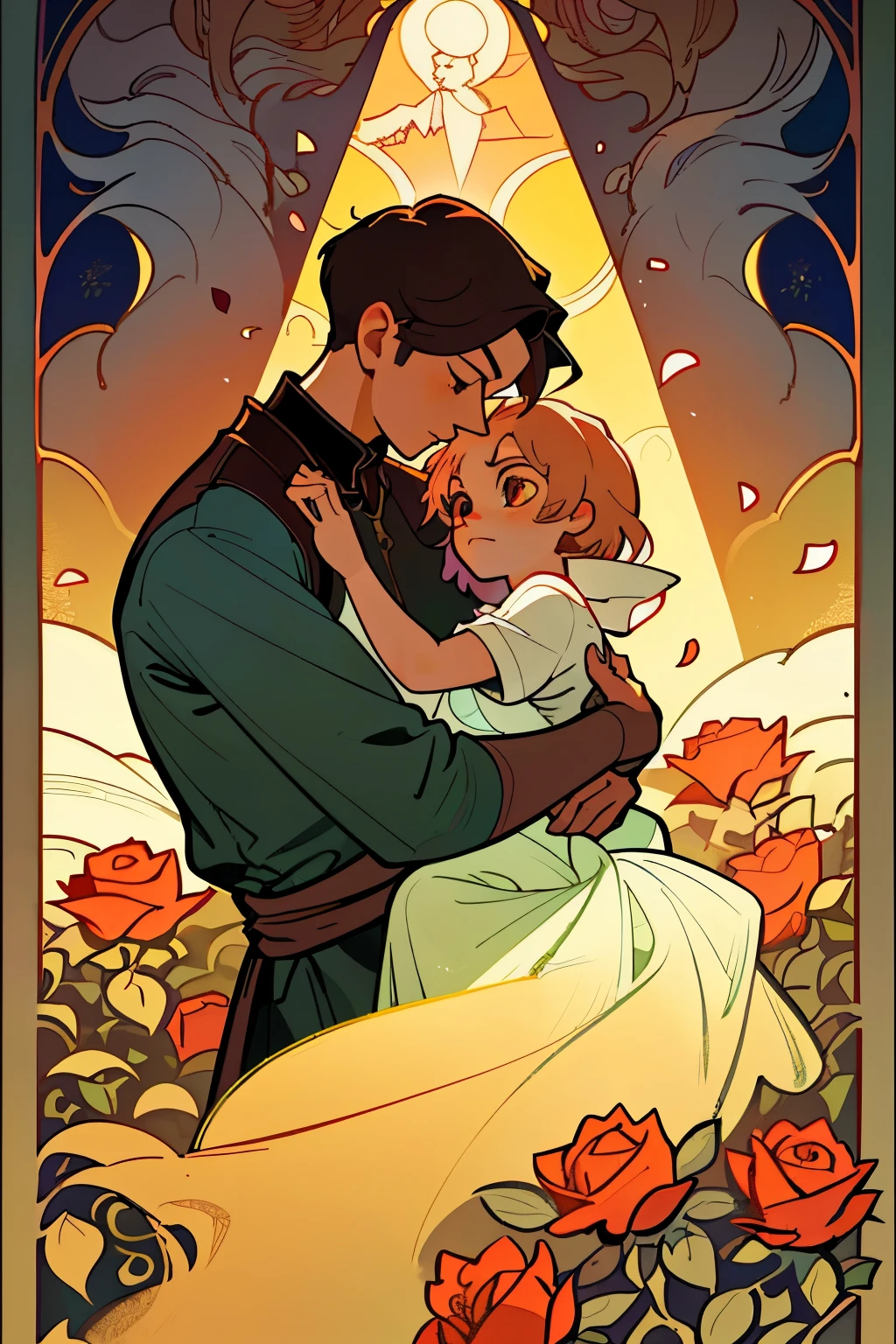 In the heart of a secluded kingdom, where the sun cast elongated shadows, the little prince stood amidst a sea of enchanting roses. With tender care in his expression, he cradled a fox in his arms, its red eyes gently gazing back at him. This captivating scene was painted in the style of Alphonse Mucha, where the delicate curves and intricate details danced harmoniously on the canvas.
The petals of the roses bloomed like velvet soft sheets, their edges delicately blending into one another. Each petal revealed intricate patterns that looked as if they were crafted from the most delicate lace. The little prince, bat