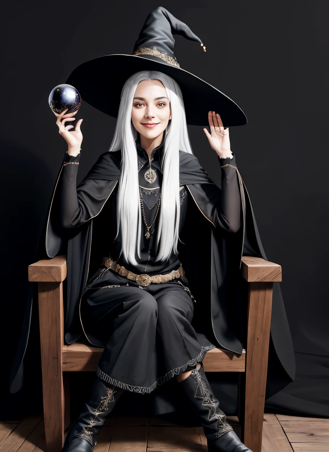 a 20 year old female wizard. wearing a long black cape. wearing a long black dress covering legs. Black clothes. Wearing a witches hat on head. half of her face is in shadow. white background. Body Facing straight on to camera. Eyes looking straight at camera. Face straight on to camera. Friendly face.. White hair.. Black boots. Sitting down on black throne. Large black throne with ornate carvings. Black wooden throne. Conservatively dressed. Smiling face. Long black trousers. Traditional witches hat. Sitting face on. Crystal ball sitting on wooden side table next to thrown.