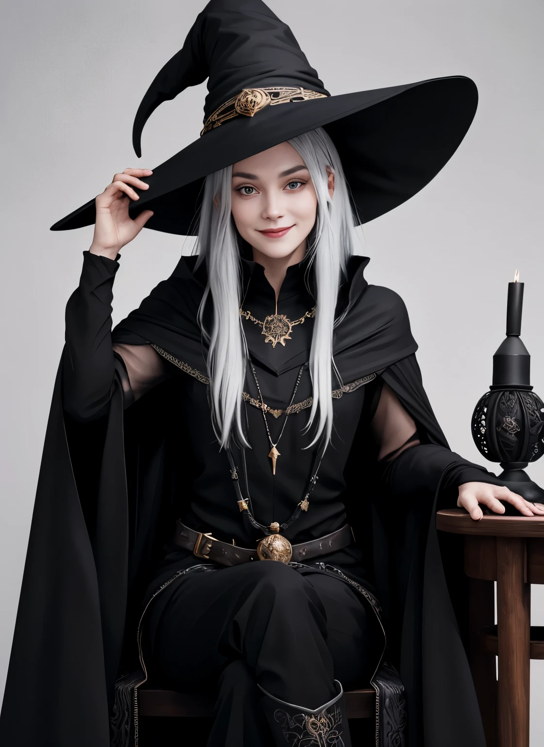 a 20 year old female wizard. wearing a long black cape. wearing a long black dress covering legs. Black clothes. Wearing a witches hat on head. half of her face is in shadow. white background. Body Facing straight on to camera. Eyes looking straight at camera. Face straight on to camera. Friendly face.. White hair.. Black boots. Sitting down on black throne. Large black throne with ornate carvings. Black wooden throne. Conservatively dressed. Smiling face. Long black trousers. Traditional witches hat. Sitting face on. Crystal ball sitting on wooden side table next to thrown.