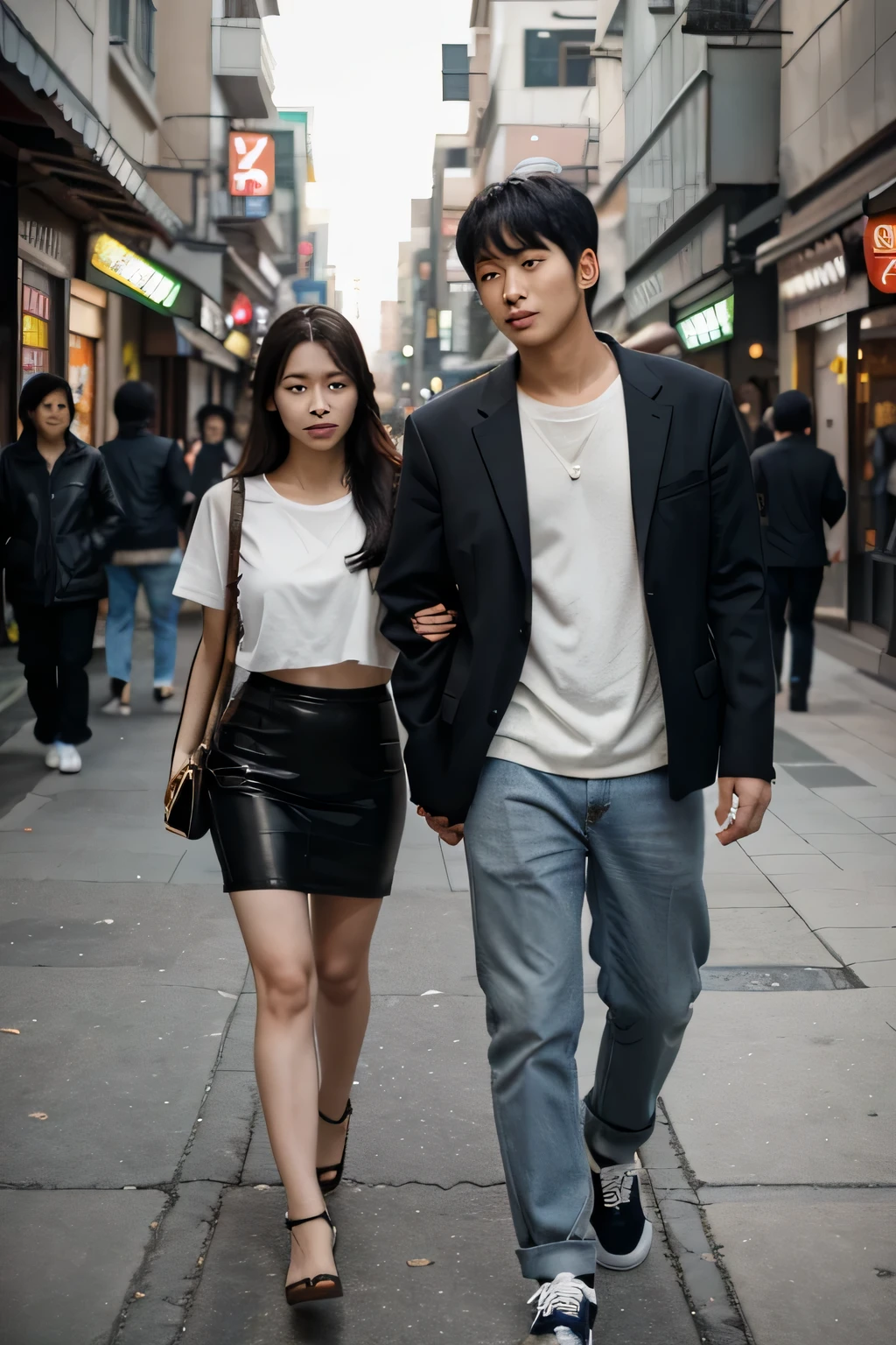 Ugly Korean man walking with pretty Korean woman