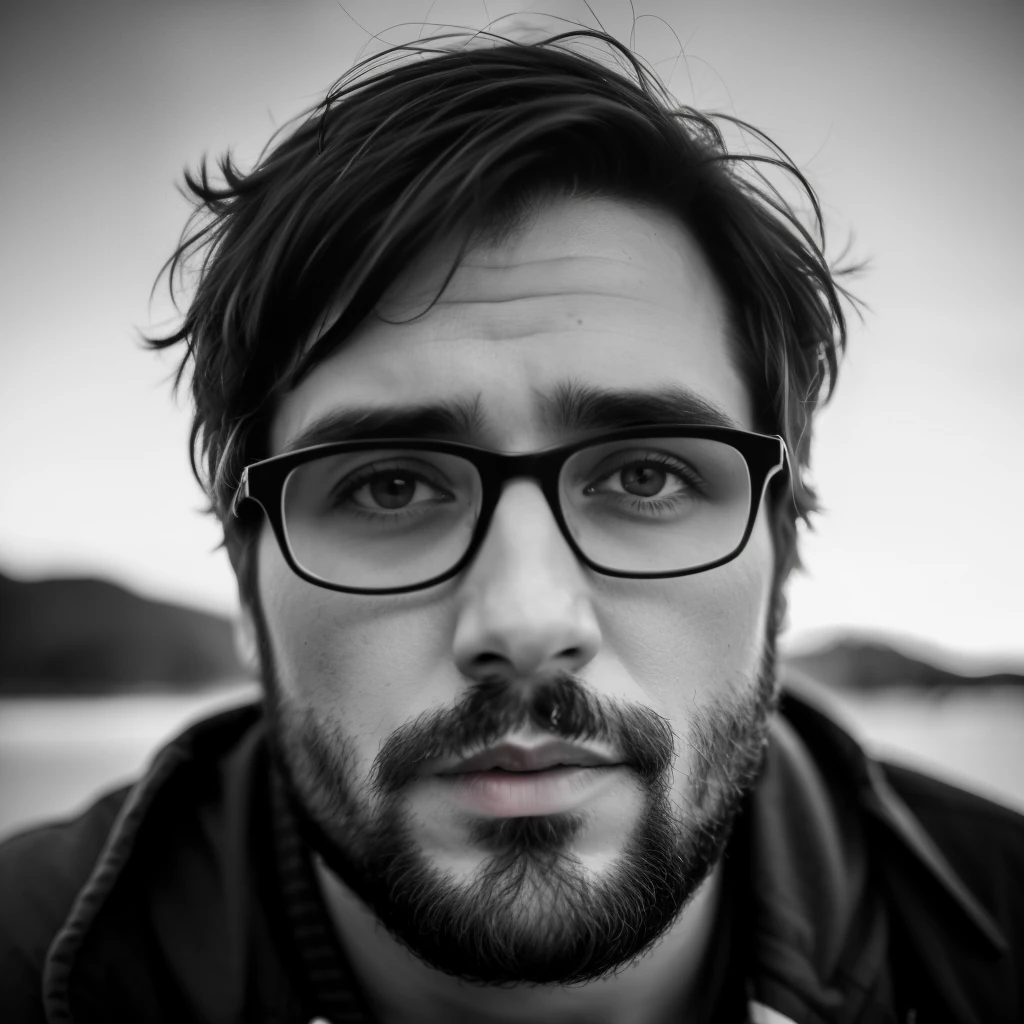 (beard), (serious expression), (natural lighting), (rugged look), (black and white tones), (shallow depth of field), (fine details), (photorealistic, highres:1.2)