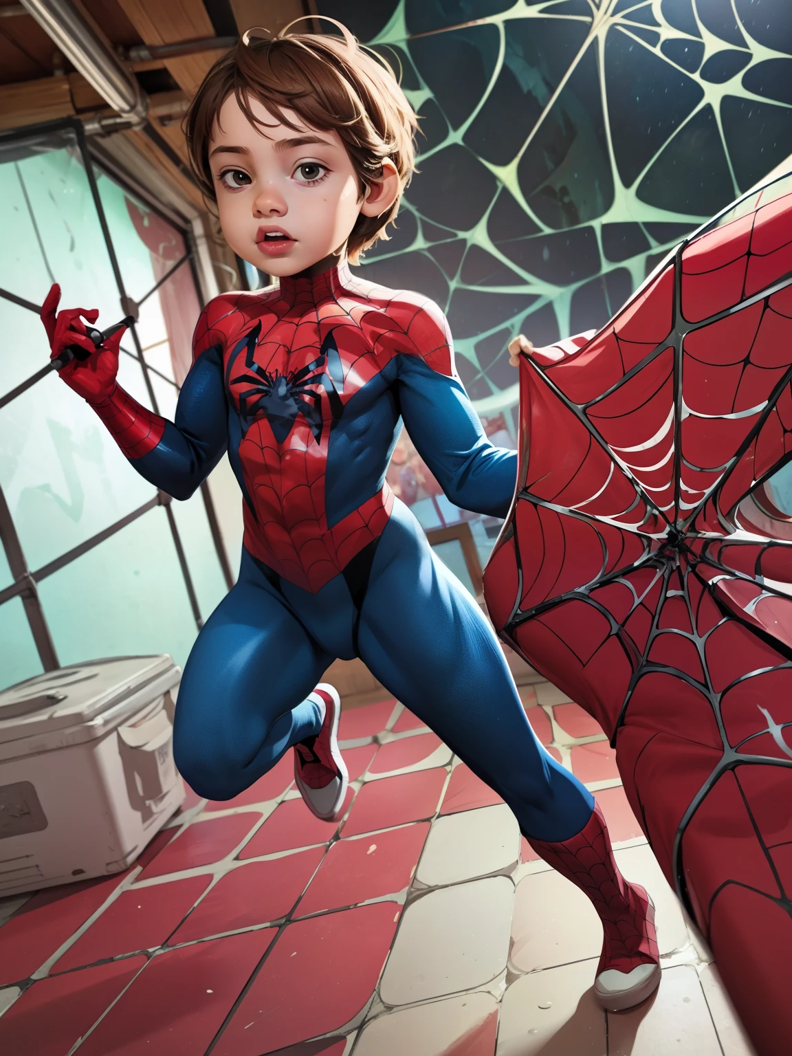 Cinematic Spider-Verse style. Comic art. TME0224 face, (((a baby boy, ***))), wearing a spider-man costume. (((Comic Spider-web background))). cinematic lighting, drop shadow, masterpiece, UHD, anatomically correct, textured skin, super detail, high details, high quality, best quality, 4K