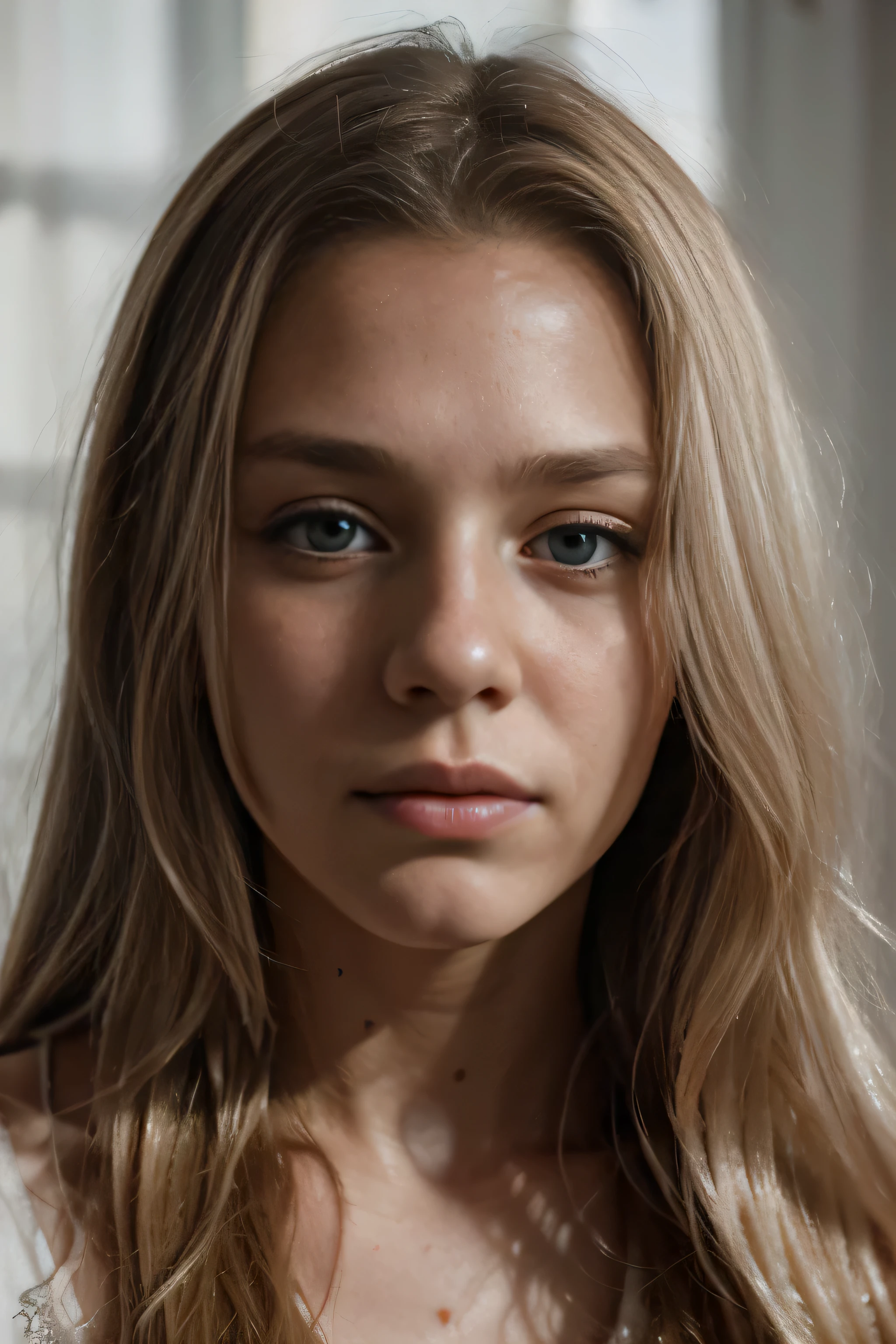 "(Mejor calidad,8K,ultra detallado,Obra maestra:1.2),hermoso y estetico, Hiperrealismo, Photography, retratos, adolescente, ojos grises, Cabello largo y rubio, sad expression, luz tenue, cubierto en sangre, cara manchada de sangre, white room.