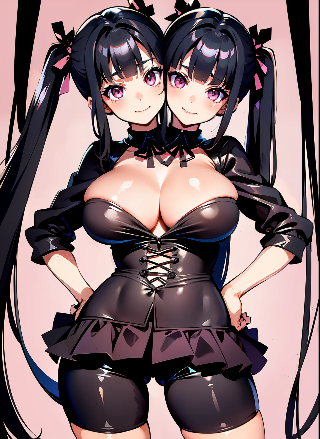 (Twoheads), (masterpiece, best resolution), (2heads:1.5), 1girl,solo,heads squished uncomfortably, squirming expressions, kissing, heads kissing, black hair,smile,breasts,ribbon,long hair,two side up,hair ribbon,pink eyes,twintails,medium breasts,looking at each other,bangs,blunt bangs,lipstick,(gothic background:1.2),(bike shorts :1.2),(Standing with one hand over the heart :1), conjoined