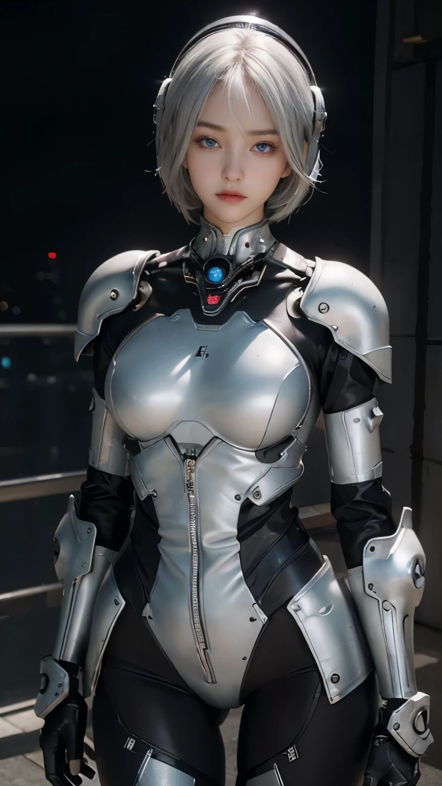 25 year old woman,Highest image quality, outstanding details, ultra-high resolution, (realism: 1.4), the best illustration, favor details, highly condensed 1girl, with a delicate and beautiful face, dressed in a black and silver mecha, wearing a mecha helmet, holding a directional controller, riding on a motorcycle, cool beauty,tall girl,short hair, silver hair,Precisely expresses details such as face and skin texture,beautiful eye, blue eye,double eyelid,delicate skin,slender body shape,alone,the background is a high-tech lighting scene of the future city.