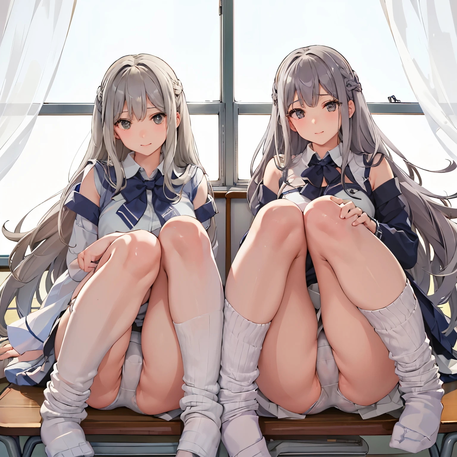 2girls、Masterpiece quality high resolution、Anna Tanaka , long gray hair, sitting，bend of the knee、eight-headed body、beautiful legs 、((classroom))、as if looking from below、embarrassing、,(white panties:1.3)、