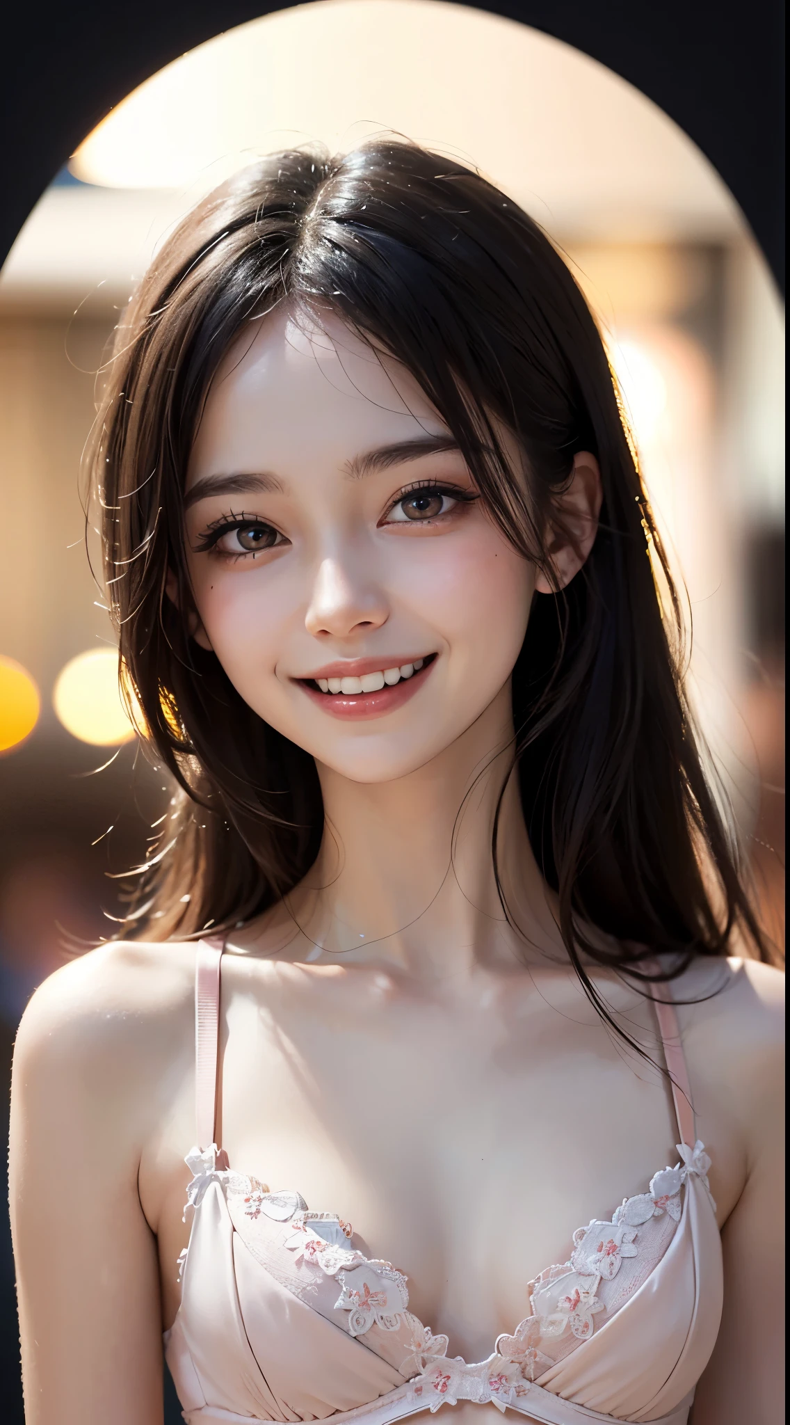 (Uhd, retina, masterpiece, Accurate, anatomically correct,) rough skin, (((Super detailed, advanced details, high quality, 最high quality, High resolution))), 1080p, hd, 4k, 8k, 16k), (detailed and beautiful eyes, Dense and beautiful lips, highly detailed eyes and face), soft lighting, Physically based rendering, Bright colors, (((small breasts, slender body))), (Floral Bra Set), (portrait, shiny hair, shiny skin, blush), (Bokeh), eye reflection, (Laugh and laugh:1.5), whole body,
