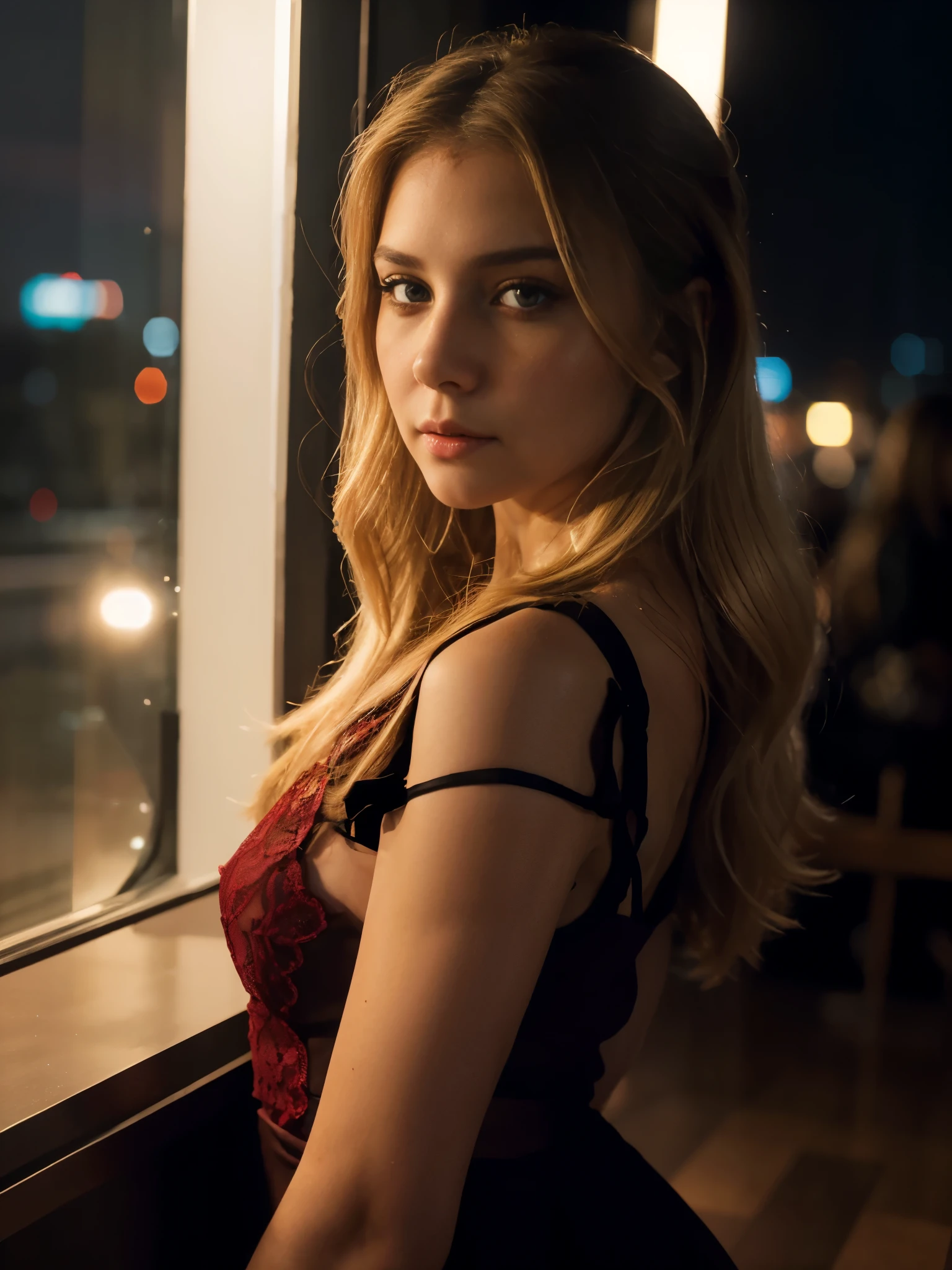 sharp raw photo {young woman, Slavic girl, blonde, medium length hair, brown eyes}, red lace dress, fully covered, hyperrealism, 8k HD, moscow city background, dramatic at night,  realistic skin texture, shot on Iphone 15 flash light on phone , wide angle lens, very detailed, masterpiece 