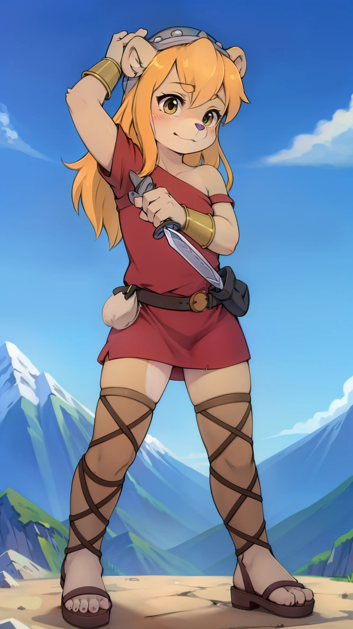 Ursa Barbic, bear, young, blonde hair, Hazel eyes, lilac nose, brown body fur, detailed face, detailed eyes, detailed body fur, glistering body, shiny body, gorgeous body, masterpiece, full body, feets whit three toes, ((red clothing, dress, off shoulder, helmet, bracers, belt, belt pouch, legwear, sandals)), fight pose, (holding a short sword), :3, mountain, clear sky, looking at you, warrior,