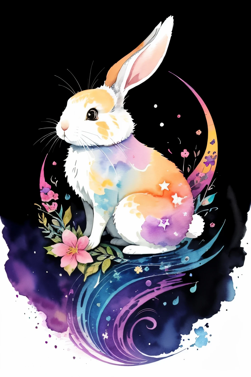 ((animal,watercolor painting,Rabbit,rabbit, cute)),かわいいRabbit,colorful flower art,front view, action shot, Bright colors, high detail, black background, logo design, Neo-Traditional Tattoo Styles, 2D, planar vector, Character Design, fantasy art, watercolor effect, glitter effect,digital painting, pop,fancy, 8K, sticker,watercolor paintingのテクニック,psychedelic, colorful, rainbow,Gentle water droplets floating on the petals, moon, star