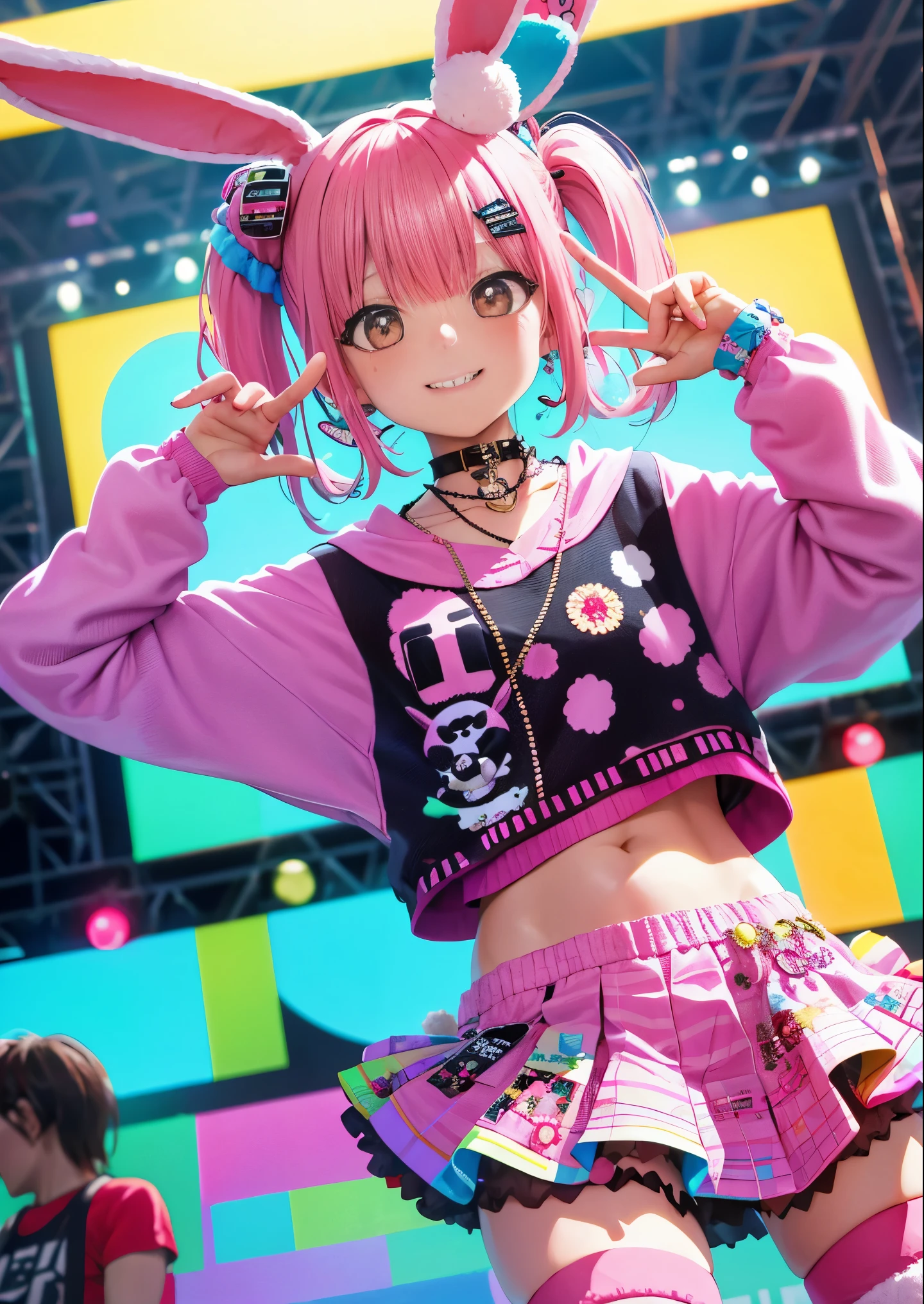 "Decora street fashion style single girl, rock crazy harajuku style. she&#39;I&#39;m wearing leg warmers and big platform shoes., sheの髪は愛らしいおさげにスタイリングされています. The stage is night, hairpin, accessories, Rabbit ears with a pattern on the inside, striped "