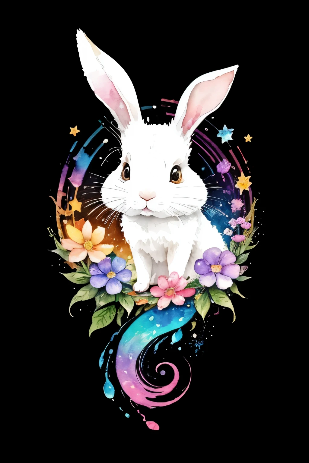 ((animal,watercolor painting,Rabbit,rabbit, cute)),かわいいRabbit,colorful flower art,front view, action shot, Bright colors, high detail, black background, logo design, Neo-Traditional Tattoo Styles, 2D, planar vector, Character Design, fantasy art, watercolor effect, glitter effect,digital painting, pop,fancy, 8K, sticker,watercolor paintingのテクニック,psychedelic, colorful, rainbow,Gentle water droplets floating on the petals, moon, star
