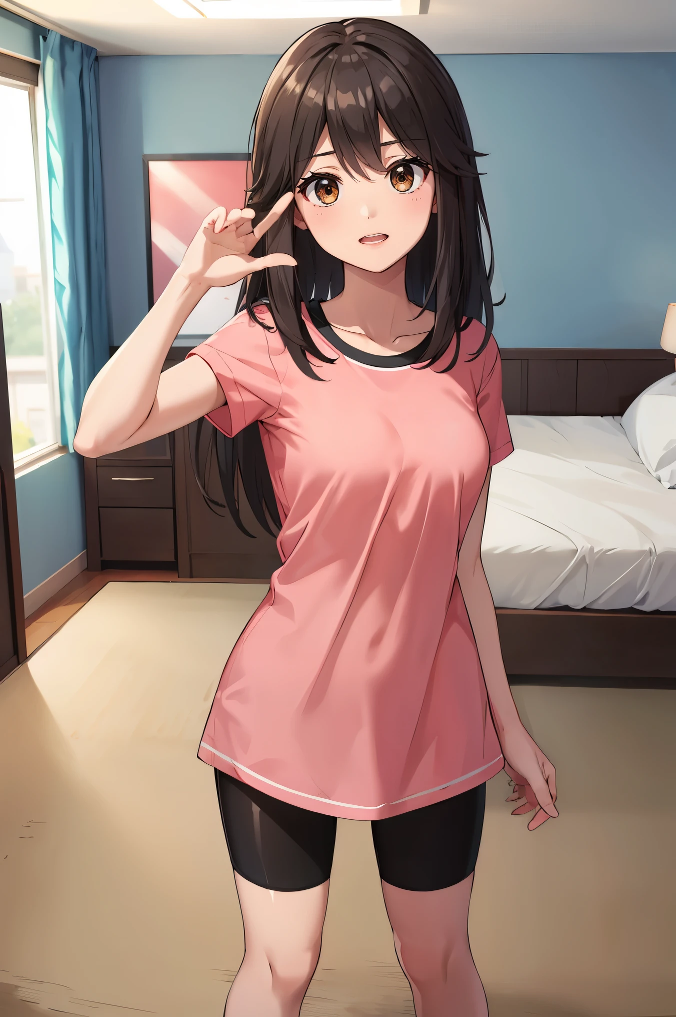 masterpiece, best quality, highres, ultra-detailed, bbleaf, long hair, sidelocks, eyelashes, pink shirt, bike shorts, shoes, black footwear, standing, pov, room, bedroom, indoors,