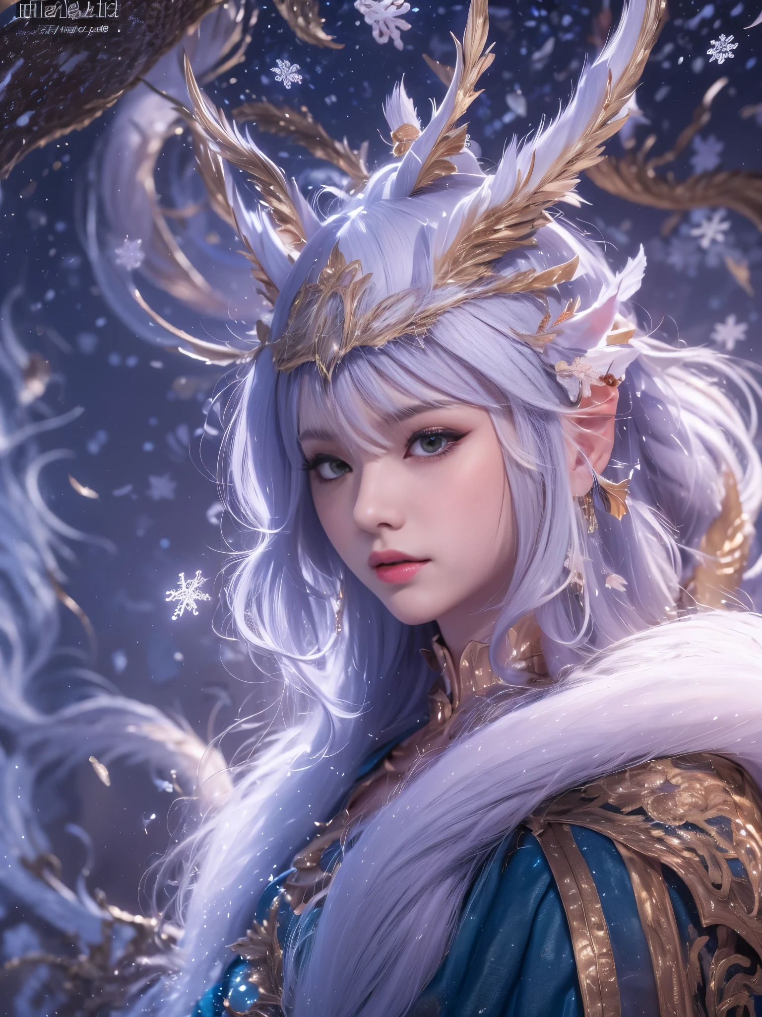 32K(tmasterpiece,k hd,hyper HD,16k)short detailed hair,Backroom area, Snow Girl ,Blue Dragon Protector (realisticlying:1.4),Python pattern robe,Purple-pink tiara,Snowflakes fluttering,The background is pure, A high resolution, the detail, RAW photogr, Sharp Re, Nikon D850 Film Stock Photo by Jefferies Lee 4 Kodak Portra 400 Camera F1.6 shots, Rich colors, ultra-realistic vivid textures, Dramatic lighting, Unreal Engine Art Station Trend, cinestir 800,