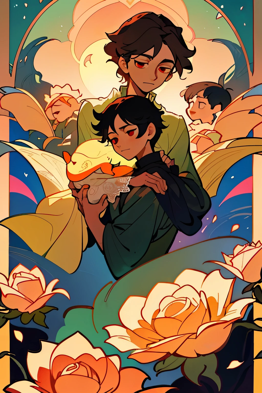 In the heart of a secluded kingdom, where the sun cast elongated shadows, the little prince stood amidst a sea of enchanting roses. With tender care in his expression, he cradled a fox in his arms, its red eyes gently gazing back at him. This captivating scene was painted in the style of Alphonse Mucha, where the delicate curves and intricate details danced harmoniously on the canvas.
The petals of the roses bloomed like velvet soft sheets, their edges delicately blending into one another. Each petal revealed intricate patterns that looked as if they were crafted from the most delicate lace. The little prince, bat