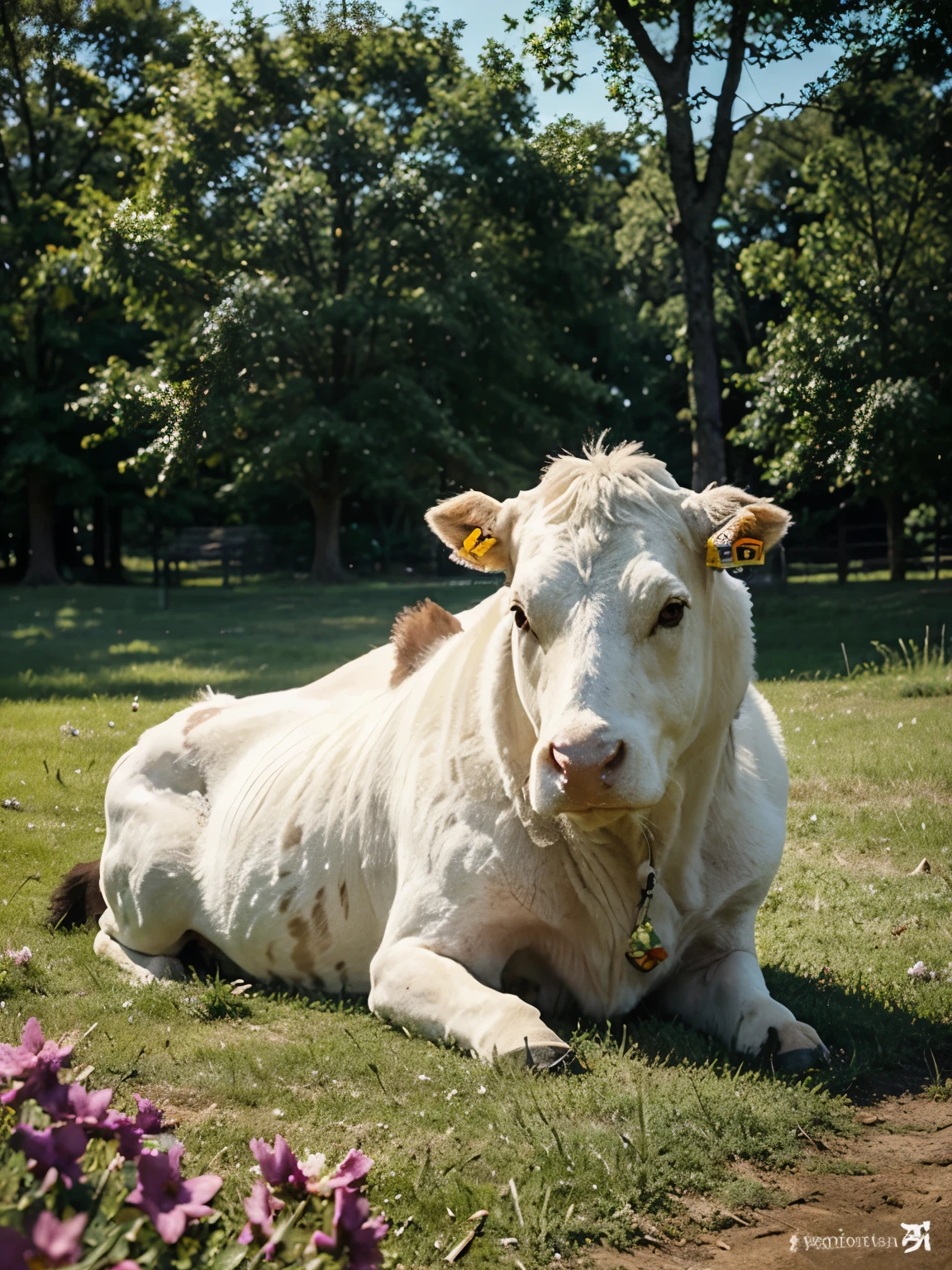 a cow with purple flowers on a pasture,illustration,oil painting,high quality,realistic,colorful,sunlight,soft fur,peaceful scenery,green grass,tall trees,vivid colors,lush landscape,harmonious details,subtle shadows