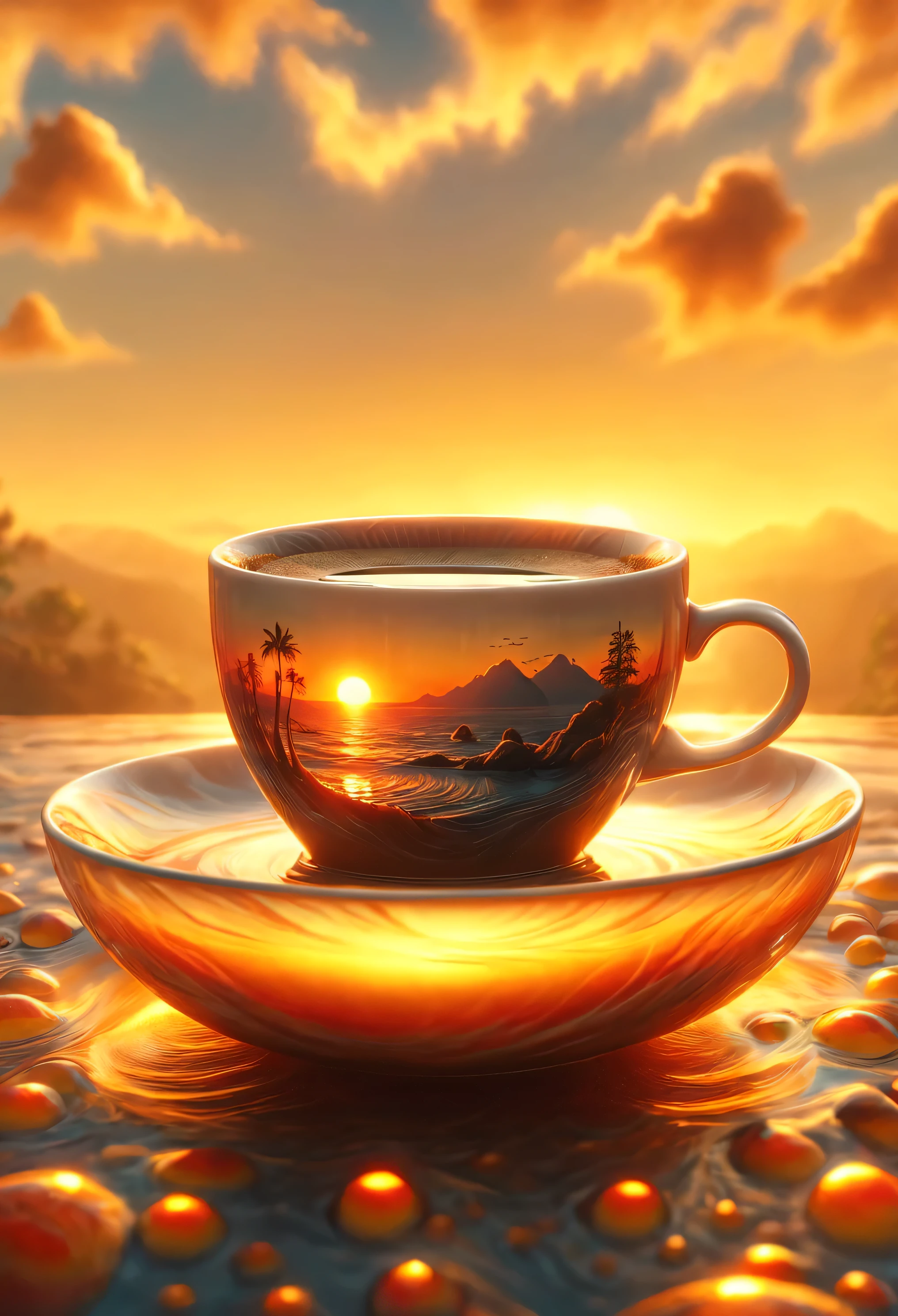 Coffee and Sunrise/Sunset: Capture the warm, soft light of a sunrise or sunset illuminating your coffee cup for a serene and calming image. mist rising from cup. 8k