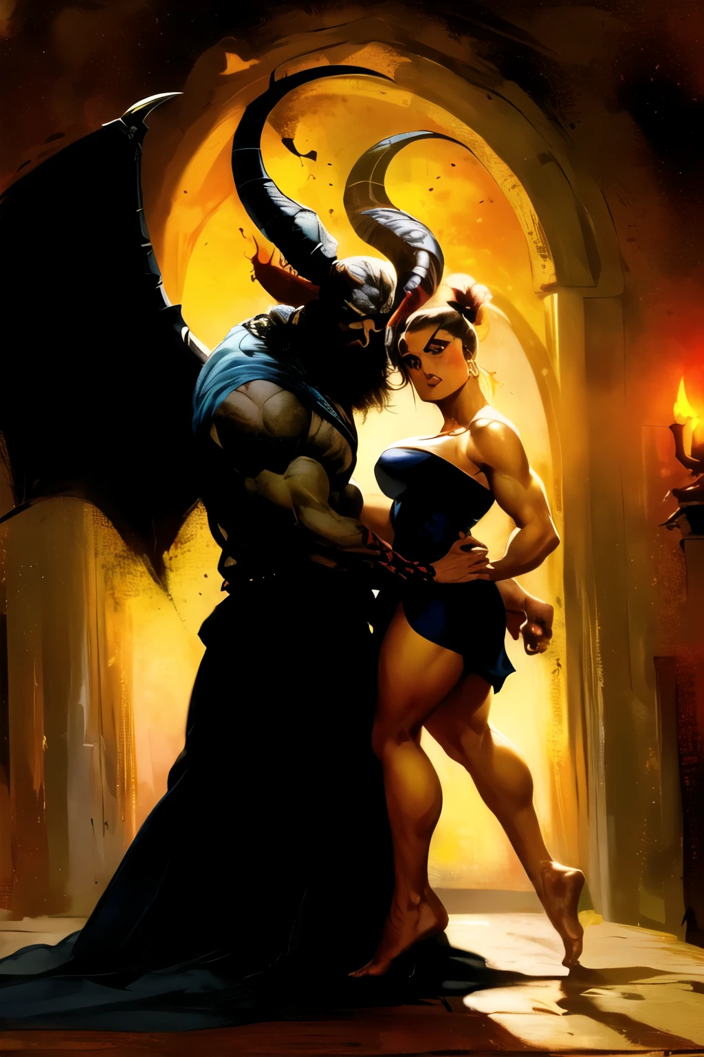 cuadro de una mujer con un vestido negro y un demonio, franz Frazetta, Frazetta, por Frank Frazetta, frank Frazetta art, together, frank Frazetta style painting, style of frank Frazetta, frank Frazetta8k, frank Frazetta painting, style of Frazetta, frank Frazetta style, Jeffrey Jones
