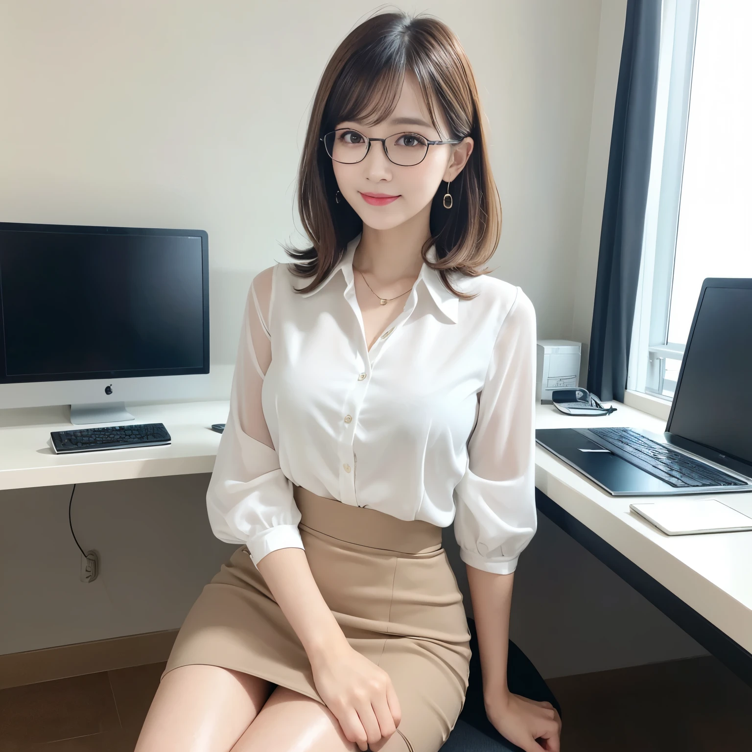 (highest quality、table top、8k、best image quality、Award-winning work)、one beautiful woman、25 years old、solo、perfect beautiful composition、(Huge breasts that are about to burst:1.2)、(huge cleavage:1.1)、(Emphasize the bust the most:1.1)、(Perfect office blouse bursting:1.1)、Exactly、(emphasize body line:1.1)、(Straight very short hair:1.1)、elegant office tight mini skirt、look at me and smile、(Classy glasses:1.1)、(Strongly blurred office corridor background:1.1)、stand gracefully、natural makeup、Ultra high definition beauty face、ultra high definition hair、Super high-definition sparkling eyes、(Super high-definition shining pure white skin:1.1)、Super high resolution glossy lips、accurate anatomy、(very bright:1.1)