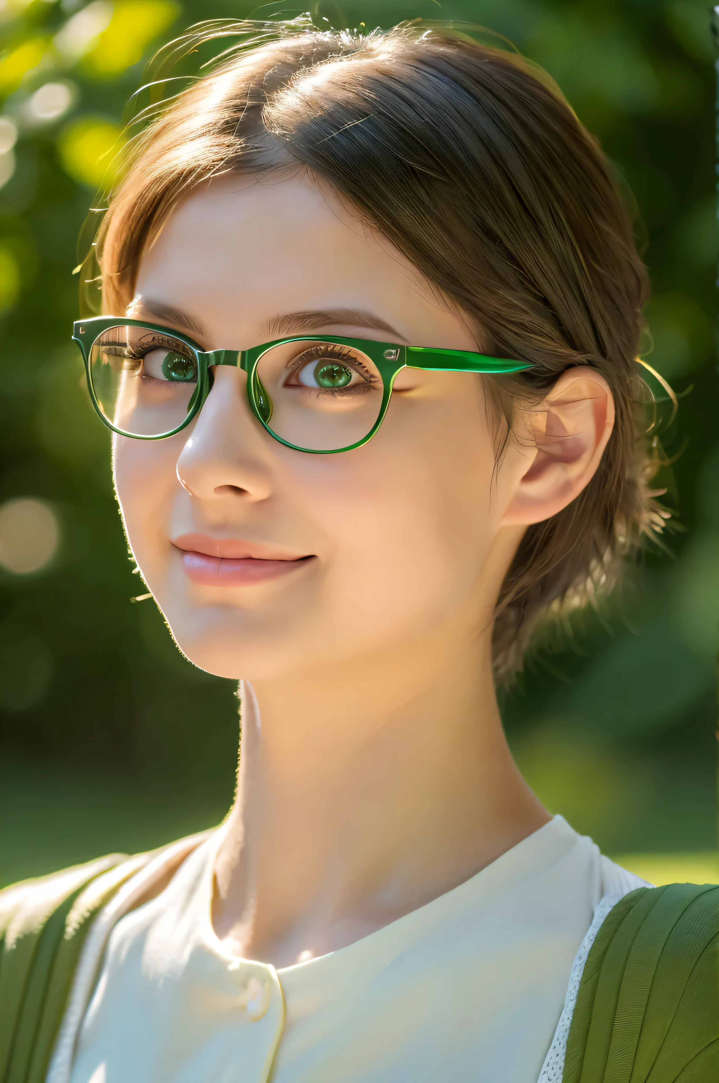 (Realista,photoRealista:1.37),ultra detallado,(Mejor calidad,4k,8K,high resolution,Obra maestra:1.2),Mujer joven,piel blanca,19 years,Ojos verdes,pelo negro corto,con gafas,looking to the camera,retrato,warm color tones,soft lighting,fondo verde exuberante,happy expression,vestimenta de estudiante,studio lighting