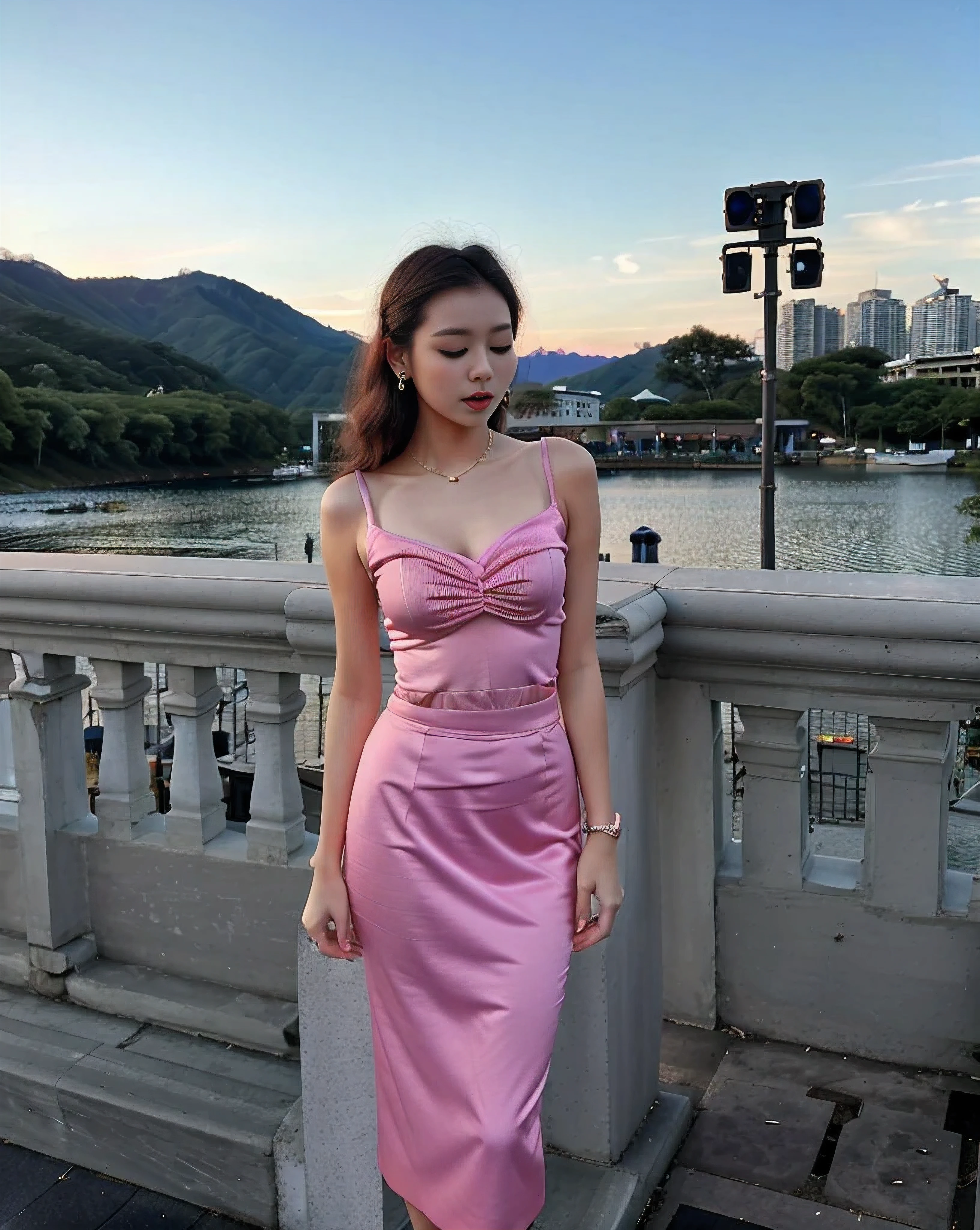 8k, Super details, Malaysia, araffe woman in a pink skirt standing on a bridge, pink skirt, wearing a pink skirt, dressed in a pink skirt, tight dress, tube top dress, sexy dress, Wearing an elegant dress, thin waist, Beautiful young Korean woman, beauty buried, simple tight women&#39;clothing, long skirt, pink or purple dress