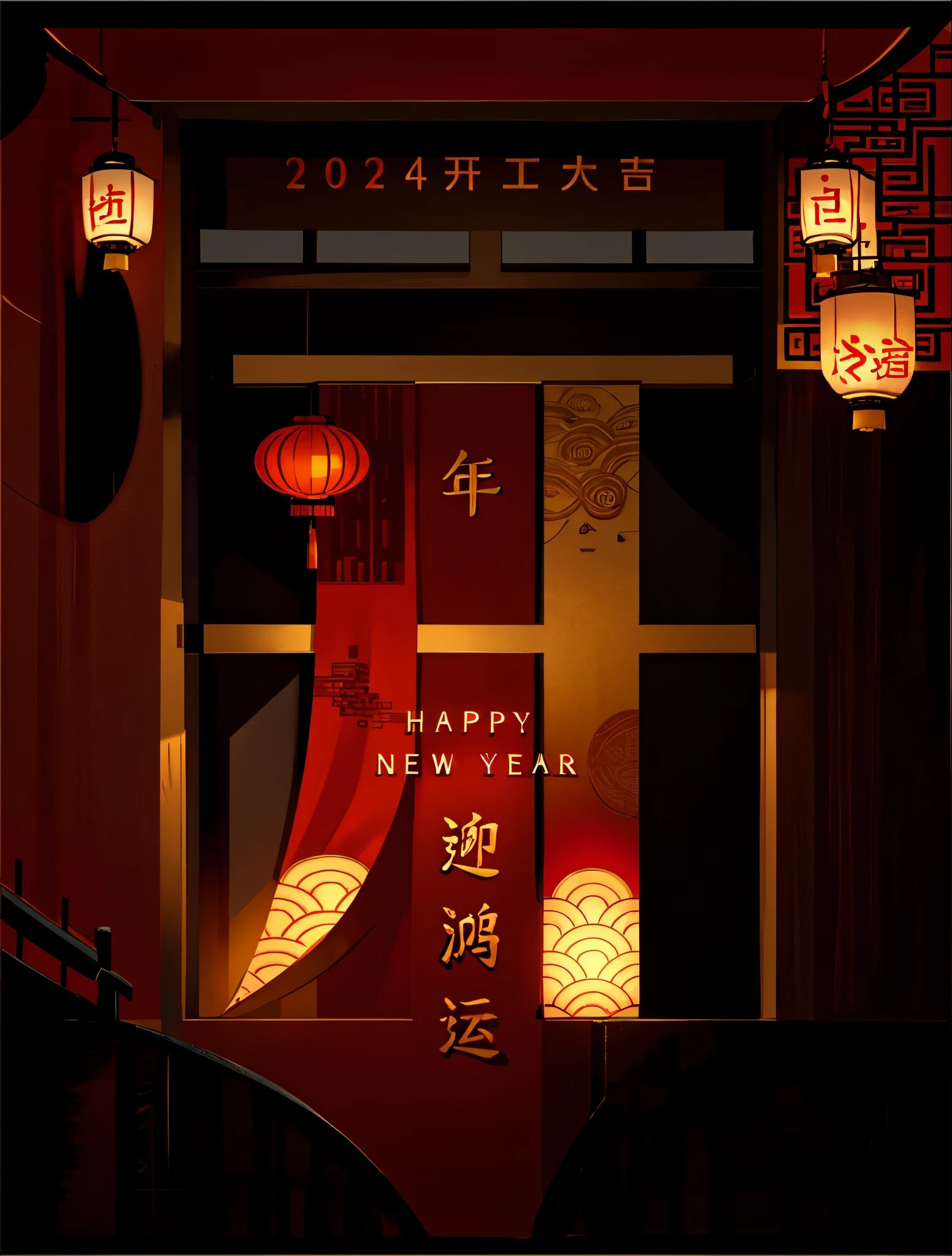 A red Chinese palace wall door，A picture of Arafad holding a lantern to welcome the Chinese New Year, , 2 0 2 4 Chinese style poster, Chinese text, Inspired by Sang Hee, Chinese heritage