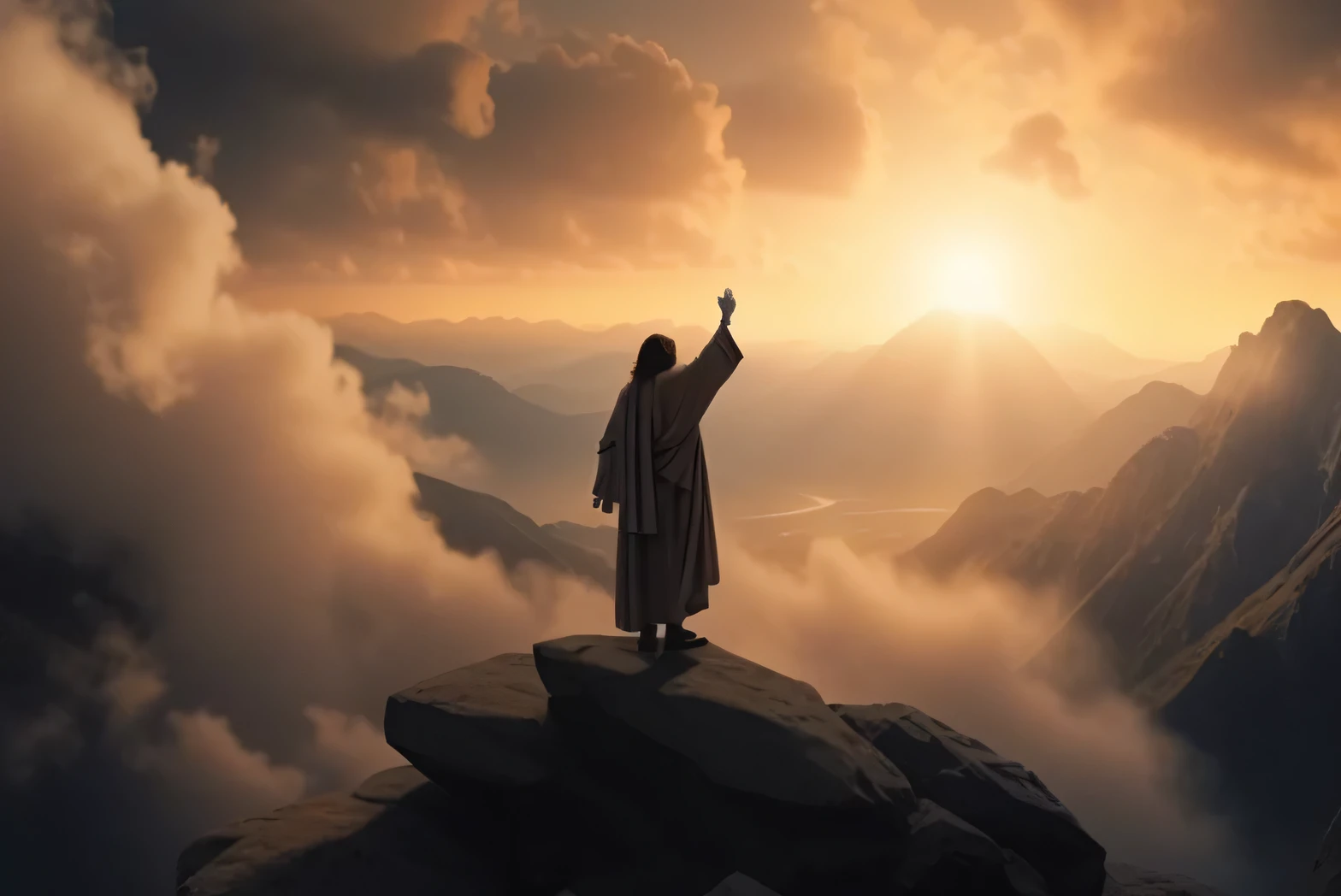 um homem parado no topo de uma montanha segurando uma cruz, pointing to the sky, Absolutely remarkable image, highly cinematic, vitorioso em uma colina, album photo, 2 0 2 2 foto, epic biblical representation, incredibly epic visuals, fundo onipresente, 2019 trend photo, sky at the top, por Alexander Kucharsky, Imagem de alta qualidade, biblical epic film