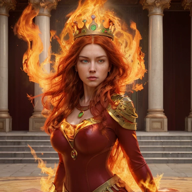 A hyper-realistic detailed image of a fire-bending queen. Beautiful brunette, long red hair and light green eyes, very huge breast, crown and gold jewelry set, 8K photo, full body realistic photo, detailed features, professional and warm lighting.