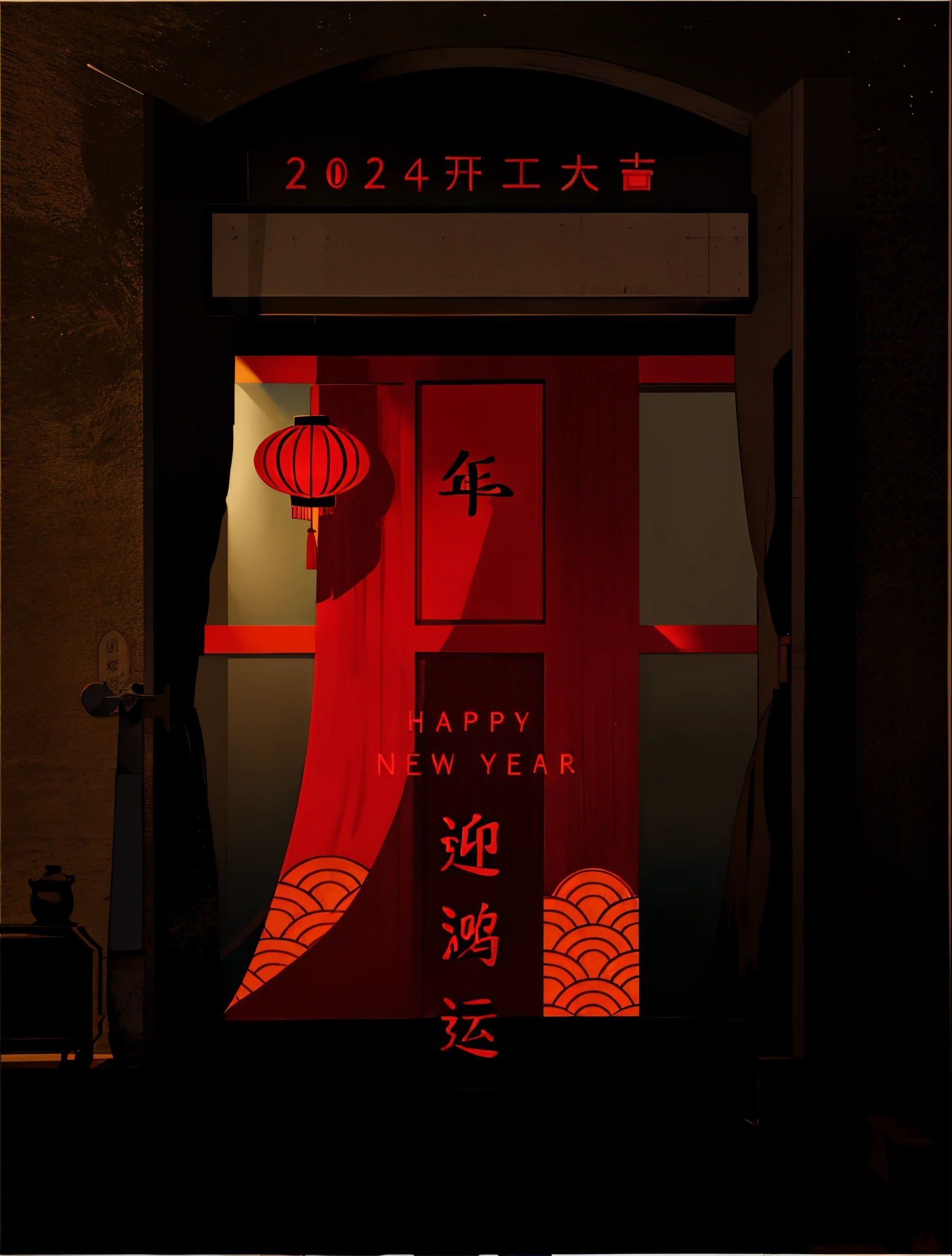 A red Chinese palace wall door，A picture of Arafad holding a lantern to welcome the Chinese New Year, , 2 0 2 4 Chinese style poster, Chinese text, Inspired by Sang Hee, Chinese heritage