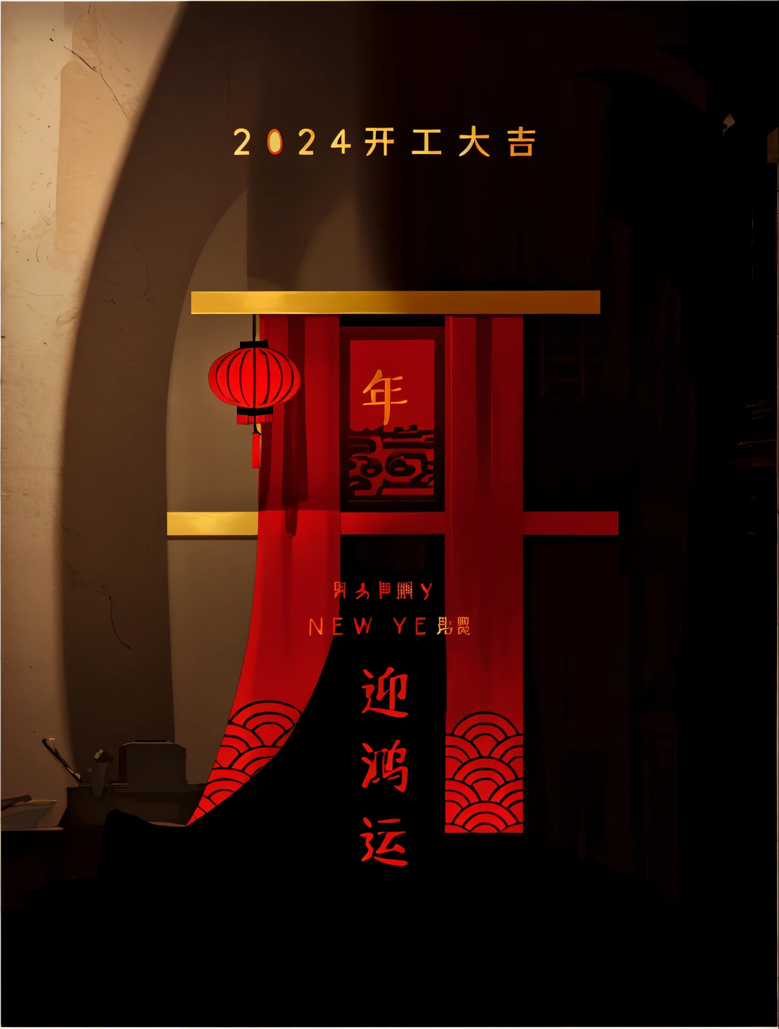 A red Chinese palace wall door，A picture of Arafad holding a lantern to welcome the Chinese New Year, , 2 0 2 4 Chinese style poster, Chinese text, Inspired by Sang Hee, Chinese heritage