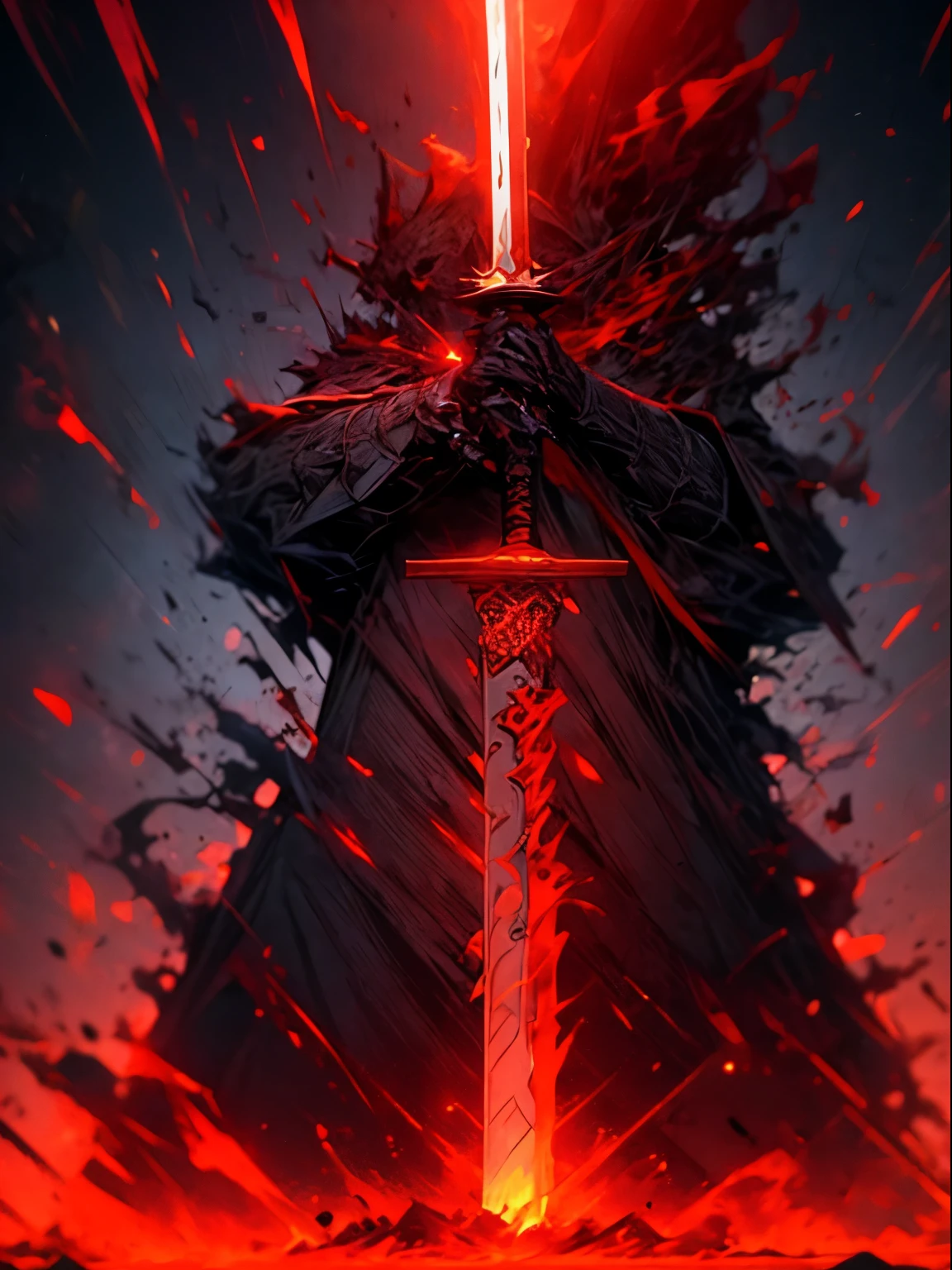 Raging dragon slayer, dragon armor, scary eyes, stare at death, good looking, a sword in his hand, A civilization collapsed against the background of a dead dragon, His sword mixes with the ferocious elements from behind., facing the camera, red and black eyes,