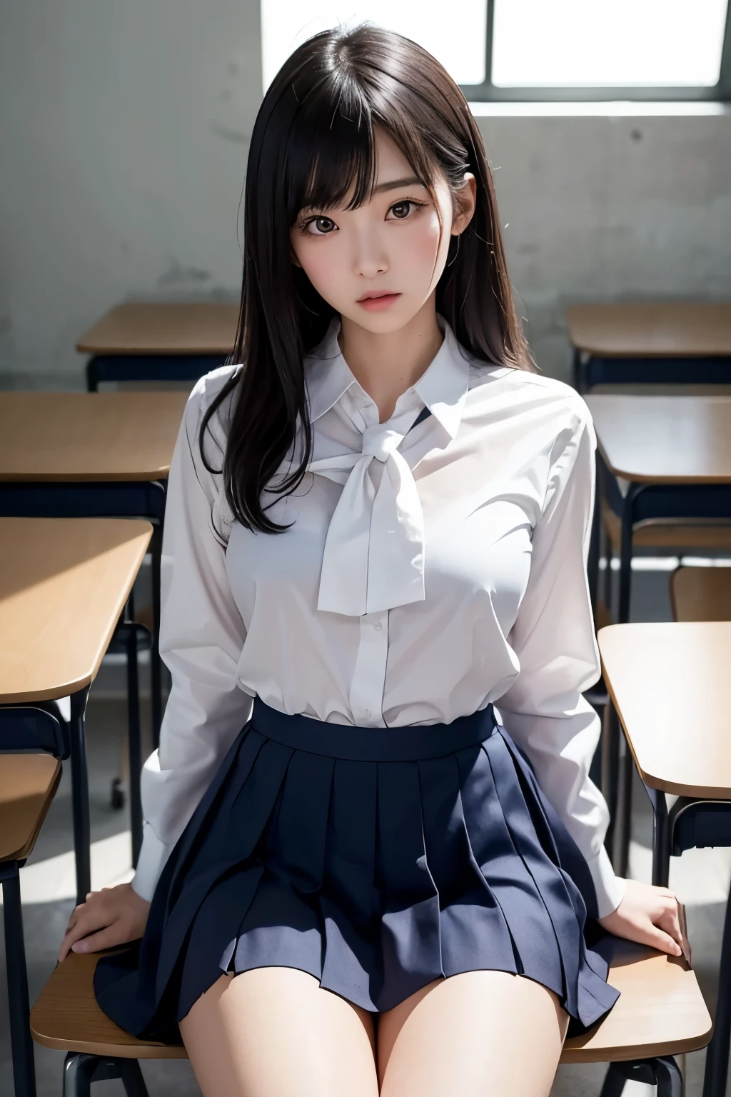 (Super beautiful) Korean high school girl, (beautiful face:1.2), is unexpectedly found tied up in an empty classroom. With spreading legs, she wears the traditional high-school uniform - a dark blue pleated skirt and a white blouse. (At SFW:1.1) The scene is set in dim light, casting long shadows around the room. The classrooms chairs are scattered about, creating an eerie atmosphere. Her slender, fit body is exposed, with clear pubic contours. (Without people in the background:1.3) Her long, beautiful black hair cascades down her back. She looks at the viewer with a frightened expression, her big, clear eyes