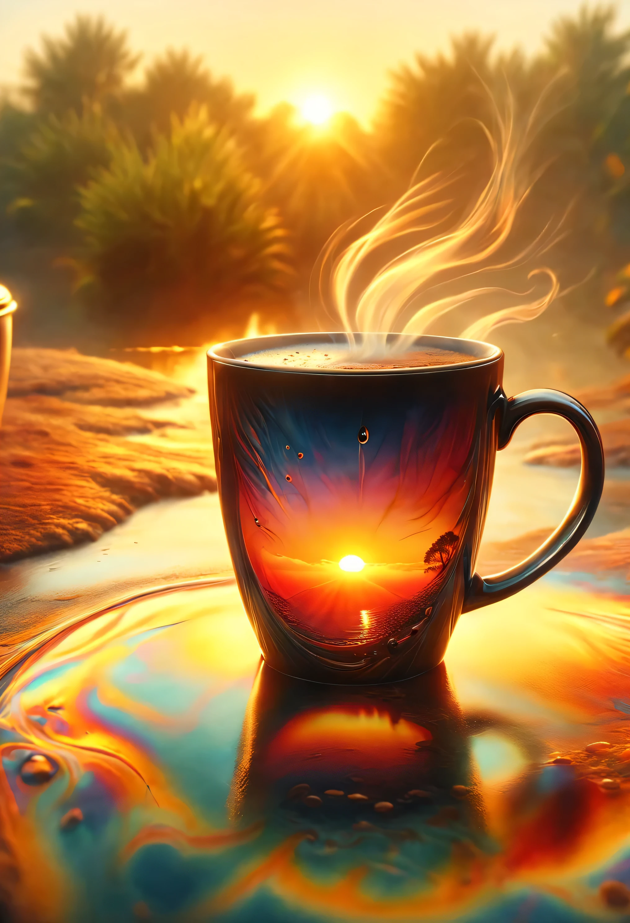 Coffee and Sunrise/Sunset: Capture the warm, soft light of a sunrise or sunset illuminating your coffee cup for a serene and calming image. mist rising from cup. 8k