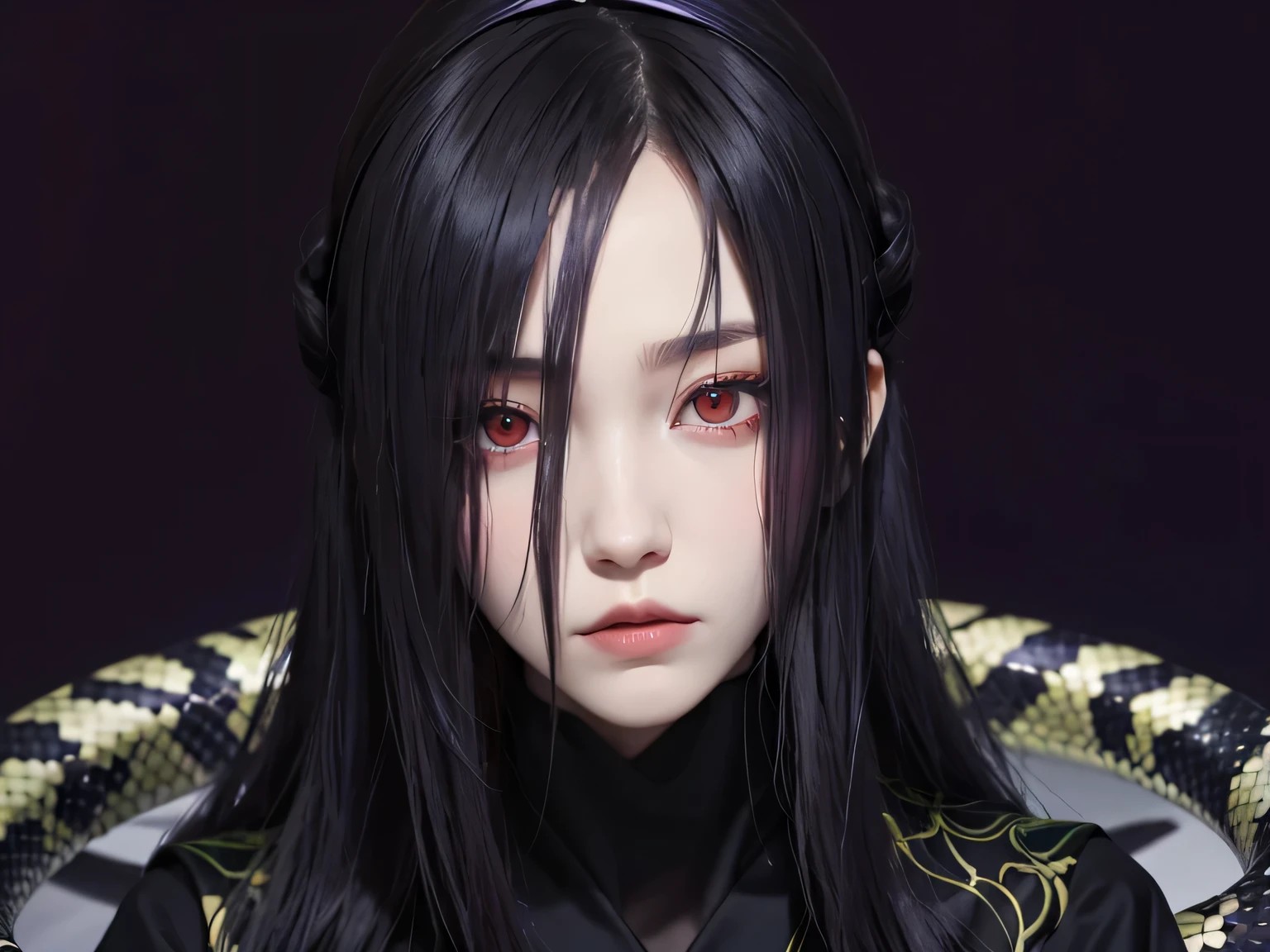 orochimaru, 1girl, pretty face, red eyes, girl focus, solo, snake, pale skin, simple background, purple background, upper body, looking at viewer, forehead protector, headband, shirt, robe