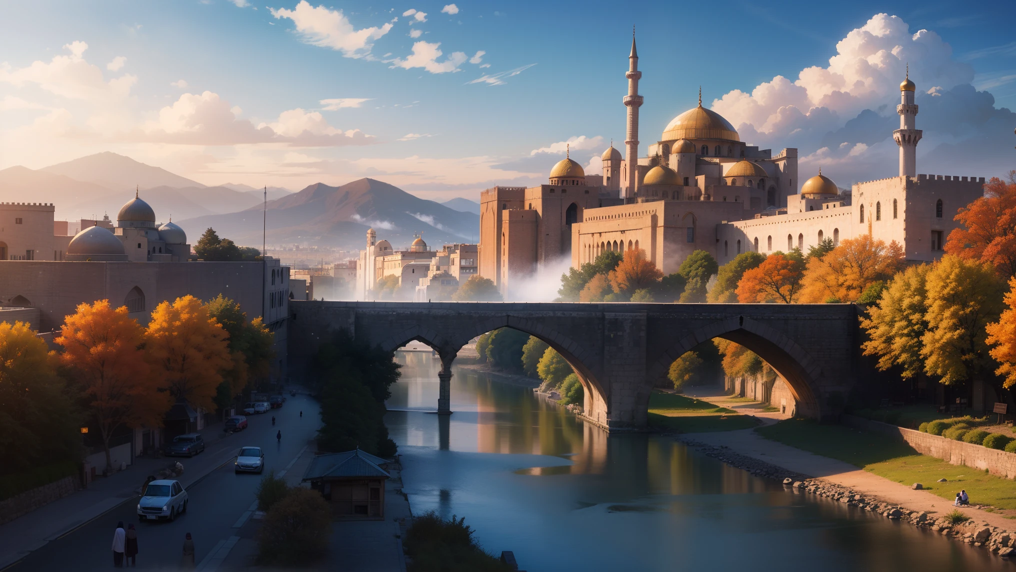 (medieval Islamic capital city), waterfall, mountains, forest, sky, clouds, medieval Damascus, Turkish mosque, nostalgic, autumn, mountain city, fog, snowing, lake, river, medieval Baghdad, hot spring