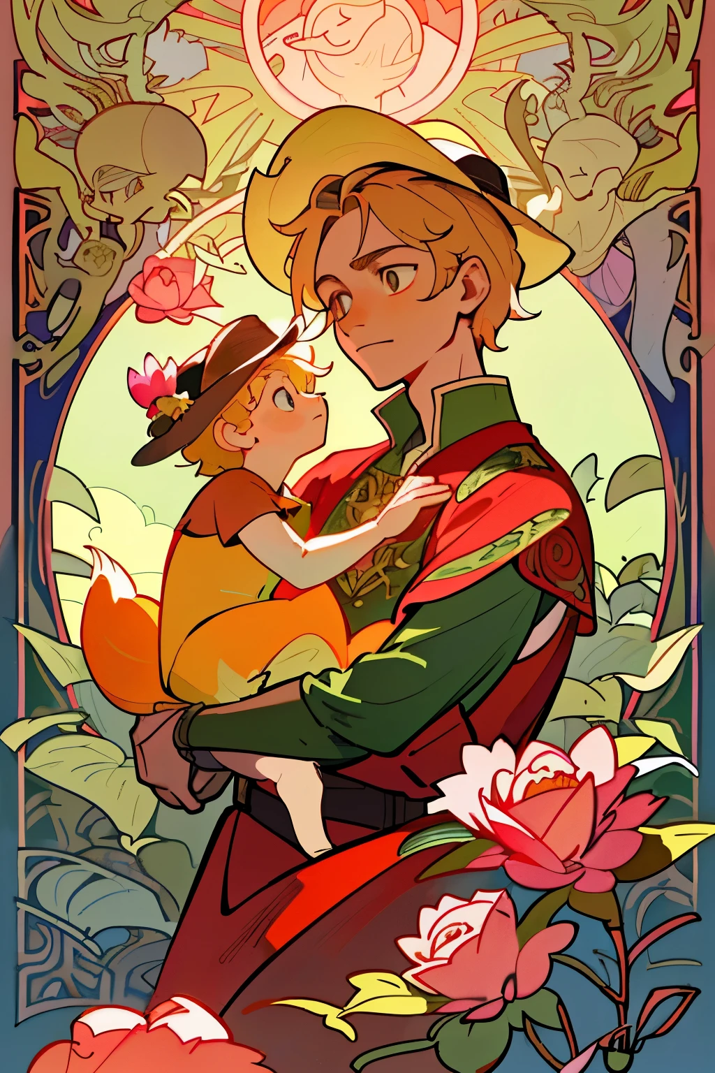 In the enchanting world of Antoine de Saint-Exupéry's "The Little Prince," the little prince, dressed in a red tunic and wearing a sun hat, was surrounded by a sea of pink and red roses. He tenderly held a fox in his arms, and the fox, with its expression of deep trust, looked up at him. The sun cast a soft glow over the scene, illustrating Alphonse Mucha's unique style of art. The intricate lines and detailed floral patterns adorned the background, while the prince and the fox stood out with their three-dimensional effect in this high-quality, masterpiece painting. The little prince's eyes