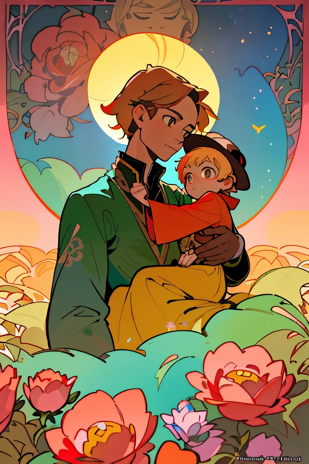 In the enchanting world of Antoine de Saint-Exupéry's "The Little Prince," the little prince, dressed in a red tunic and wearing a sun hat, was surrounded by a sea of pink and red roses. He tenderly held a fox in his arms, and the fox, with its expression of deep trust, looked up at him. The sun cast a soft glow over the scene, illustrating Alphonse Mucha's unique style of art. The intricate lines and detailed floral patterns adorned the background, while the prince and the fox stood out with their three-dimensional effect in this high-quality, masterpiece painting. The little prince's eyes