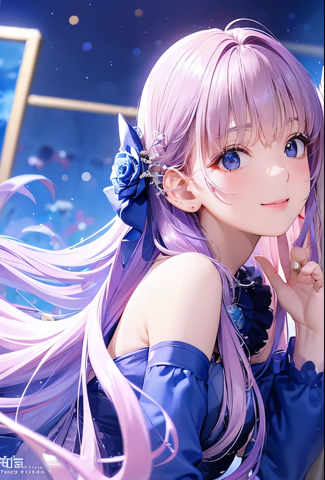 (8K、top-quality、masterpiece:1.2)、(realisitic、Photorealsitic:1.37)、ultra-detailliert、 1 人、cute little、独奏、mid night、Beautiful detailed sky、Detailed Cafe、sitting on、date、(Nasal blush)、 (Smile:1.15)、(Keep your mouth shut)、Beautiful fine eyes、Floating Hair NovaFrogStyle、Dress with open back、Blue Rose Accessories、Blue roses background、Pink dress