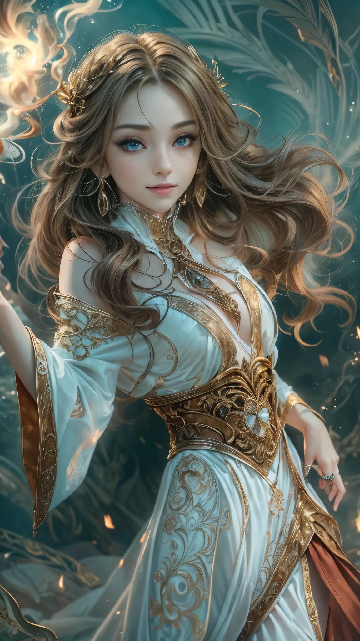 (RAW shooting:1.5, Photoreal:1.5, 8k, highest quality, masterpiece, ultra high resolution), magical world, perfect dynamic composition, Mysterious, Highly detailed skin and facial textures:1.3, Cute and sexy slim female wizard, beautiful and aesthetic, cute and sexy beauty, perfect style, wear elaborate rings, pose to cast a spell:1.3, fire, water, Wind, thunder, Fair skin, very beautiful face, (Medium chest, Chest gap), (embarrassing smile, The expression on your face when you feel intense caress, Facial expression when feeling pleasure), (Wear the elegant wizard costume with split shoulders correctly), (beautiful blue eyes, Eyes that feel beautiful eros:0.8), (Too erotic:0.9, Bewitching:0.9), full body shot