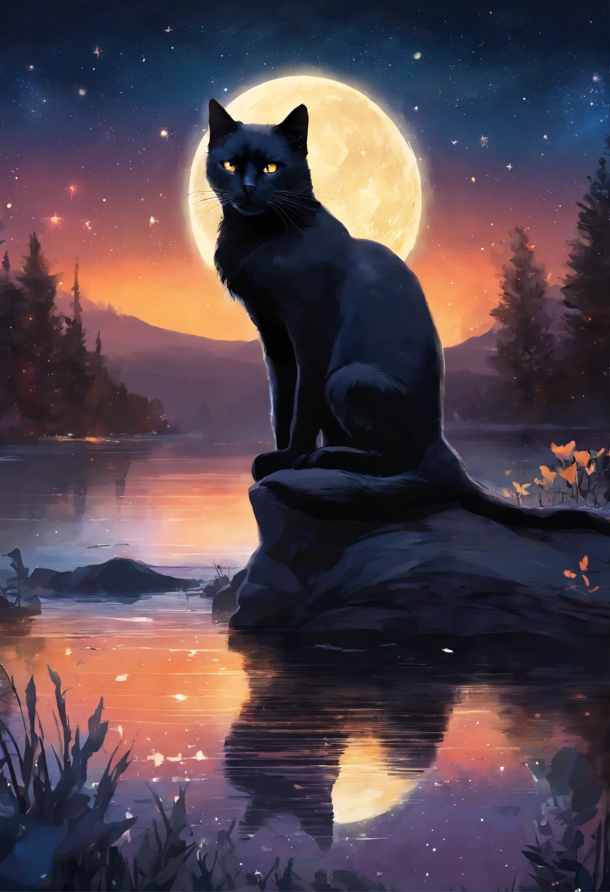 Black Cat; is sitting; on the shore of the lake; watching the moon&#39;s reflection; midnight; starry sky.