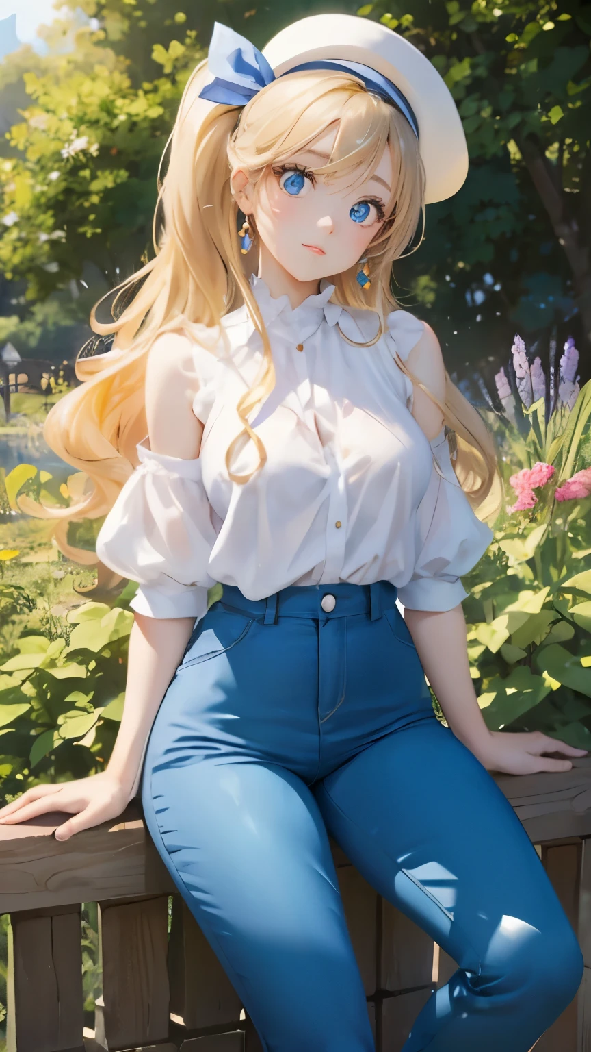 (masterpiece:1.2), (highest quality:1.2),, Curvy but slender body, perfect eyes, perfect face, perfect lighting, 1 girl, in the garden, (shirt),(whole bodyが見える),(hat),(long pants),(teacher),(ponytail),curly hair, fine clothes, detailed outdoor background, compensate, eye shadow, thick eyelashes, fantasy, looking at the viewer, whole body,alice in wonderland、blue sky、Bright and very beautiful face、young shiny glossy white shiny skin、the best beauty、the most beautiful bright blonde hair in the world、thin hair、long hair、Shining beautiful bangs、big shining blue eyes、Very beautiful and lovely 18 years old, the most beautiful girl in the world、small breasts