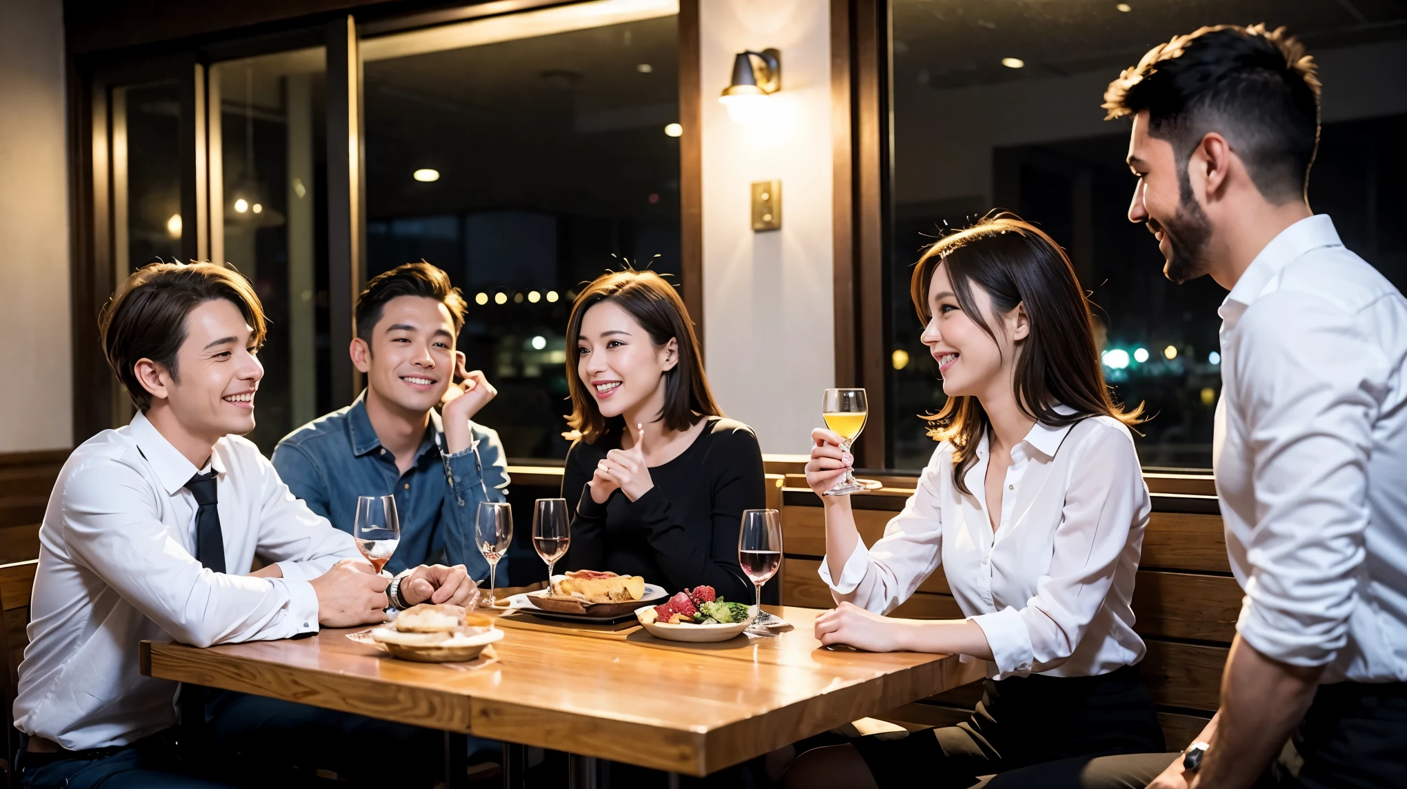 64k, Hmm, highest quality, masterpiece: 1.2), (realistic, photorealistic: 1.37), Super detailed, celebration party、beauty、charm、beautiful mature woman、3 women who love wine、three men、Champagne、sparkling wine、winter night、restaurantでワイン宴会、(slimな男女4名),(Wine party for 5 people)、(slimフェイス),Happy、 最高なsmile、Fox face、Raccoon face、Berry Short、(because I'thin), (brown hair), (shortcut), long sleeve shirt、winter fashion、Columbia、Brazilian、Japanese、Dutch、German、Portuguese、Belgian、Italian、French, (Squirting), (slimボティ), (brown hair), (shortcut), 端正なbeauty、cheeks turn a little red, (41 years old), 38 years old, 35 years old、32 years old、 43 years old、A beautiful and detailed night view spreads out outside the window........, restaurant, wine glassが座っている, At night, in a prominent place (from the Upper body) nova frog style, actress, model, Upper body, White wine, slim, wine glass, Very beautiful night view, wine glass Put in the Middle, Happy smile, (smile: 1.15),