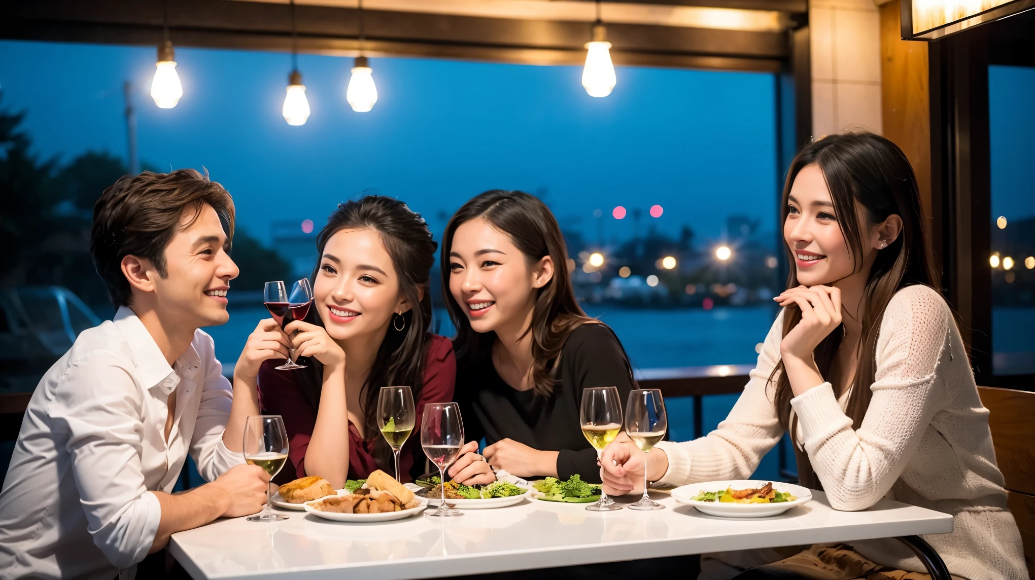 64k, Hmm, highest quality, masterpiece: 1.2), (realistic, photorealistic: 1.37), Super detailed, celebration party、beauty、charm、beautiful mature woman、3 women who love wine、three men、Champagne、sparkling wine、winter night、restaurantでワイン宴会、(slimな男女4名),(Wine party for 5 people)、(slimフェイス),Happy、 最高なsmile、Fox face、Raccoon face、Berry Short、(because I'thin), (brown hair), (shortcut), long sleeve shirt、winter fashion、Columbia、Brazilian、Japanese、Dutch、German、Portuguese、Belgian、Italian、French, (Squirting), (slimボティ), (brown hair), (shortcut), 端正なbeauty、cheeks turn a little red, (41 years old), 38 years old, 35 years old、32 years old、 43 years old、A beautiful and detailed night view spreads out outside the window........, restaurant, wine glassが座っている, At night, in a prominent place (from the Upper body) nova frog style, actress, model, Upper body, White wine, slim, wine glass, Very beautiful night view, wine glass Put in the Middle, Happy smile, (smile: 1.15),