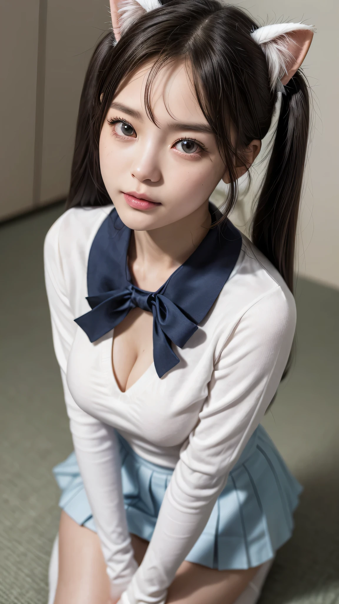 (Close-up:1.4)、(RAW shooting:1.2)、(photorealistic:1.4)、(masterpiece:1.3)、(highest quality:1.4)、one girl、(slender and beautiful girl)、cute、(Medium chest:1.2)、beautiful breasts、(cleavage)、(erect nipples:1.2)、spread legs、(full body shot)、From above、8K、(muste piece:1.2)、(ribbon、knee high socks:1.3)、view audience、blush、kneel down、looking up、ribbonボンデージ、(beautiful hands)、(beautiful thighs)、(twin tails:1.2)、School uniform、cute系、(White Cat Ear Hair Accessories:1.2)、