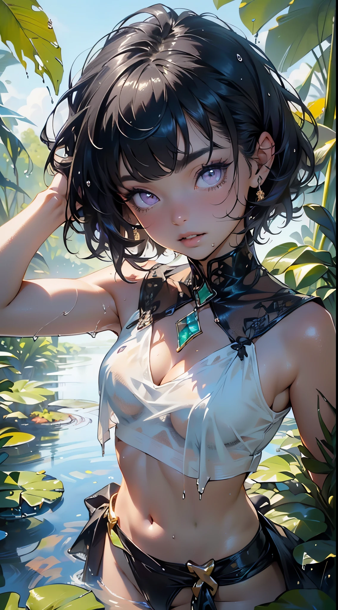 little tribal,(((little ,small tiny body,,,small))),(((26 years old))),(((ung adult:1.4))),(sexyce),(round face),(little chest),(big forhead:1.2),(beautiful big eyes:1.3),extremely detailed cute anime face, (((flat chest))),((((lshort hair, bangs,short hair ,hair,short hime cut,dark hair,black hair,colored inner hair)))),(((purple_eyes:1.3))),intricate eyes,beautiful detailed eyes,symmetrical eyes,(big eyes:1.5),((((lustrouin:1.5,tanned skin,bright skin: 1.5,skin tanned,shiny skin,very shiny skin,shiny body,Reflective skin)))),(((detailed face))),beautiful detailed lips, (cute,kawaii,(nsfw)),🦄,🌈, no top,no bra,loincloth with no panties,tatibal,barefoot,bare arms,exposed belly button,necklace,((ow loincloth,wet loincloth,intricate loincloth)), dynamic pose,looking at viewer,embarrassed,centered,scale to fit dimensions,Rule of thirds, outdoors,overgrown,(overgrown background,glowing crystals,bioluminescent plant),scenery,extremely scenery,(((glowing crystals,bioluminescent plants))),(puddles everywhere,moss,moss on the background),clouds,lily pads,palms,reeds,(sunset, golden hour), (Glossy Egyptian ornaments),(top-quality,8K,32K,masterpiece),high resolution,(Photorealistic:1.4),Ray tracing,Sun glare,depth of fields,By backlight effect,Add depth to your screen,(((vibrant colors,vibrant theme))),(intricate),(high contrast,photorealistic artwork:1.37),(best quality,4k,highres,masterpiece:1.2),ultra-detailed,(realistic,photorealistic,photo-realistic:1.37),professional,