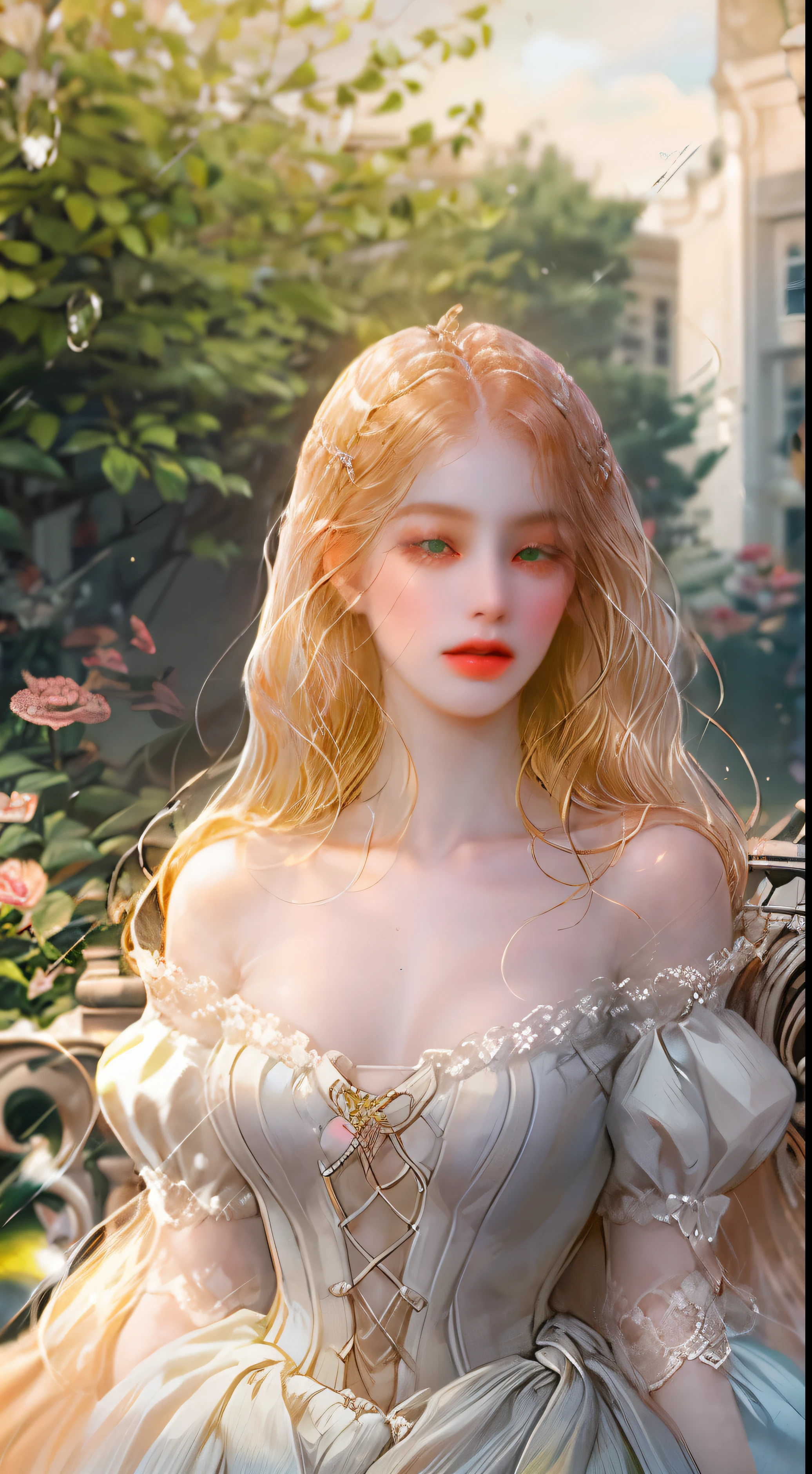 1 Blonde straight hair girl,green eyes,pale skin,skinny,slim,party dress,half body,pink lips,garden,1800s,victorian