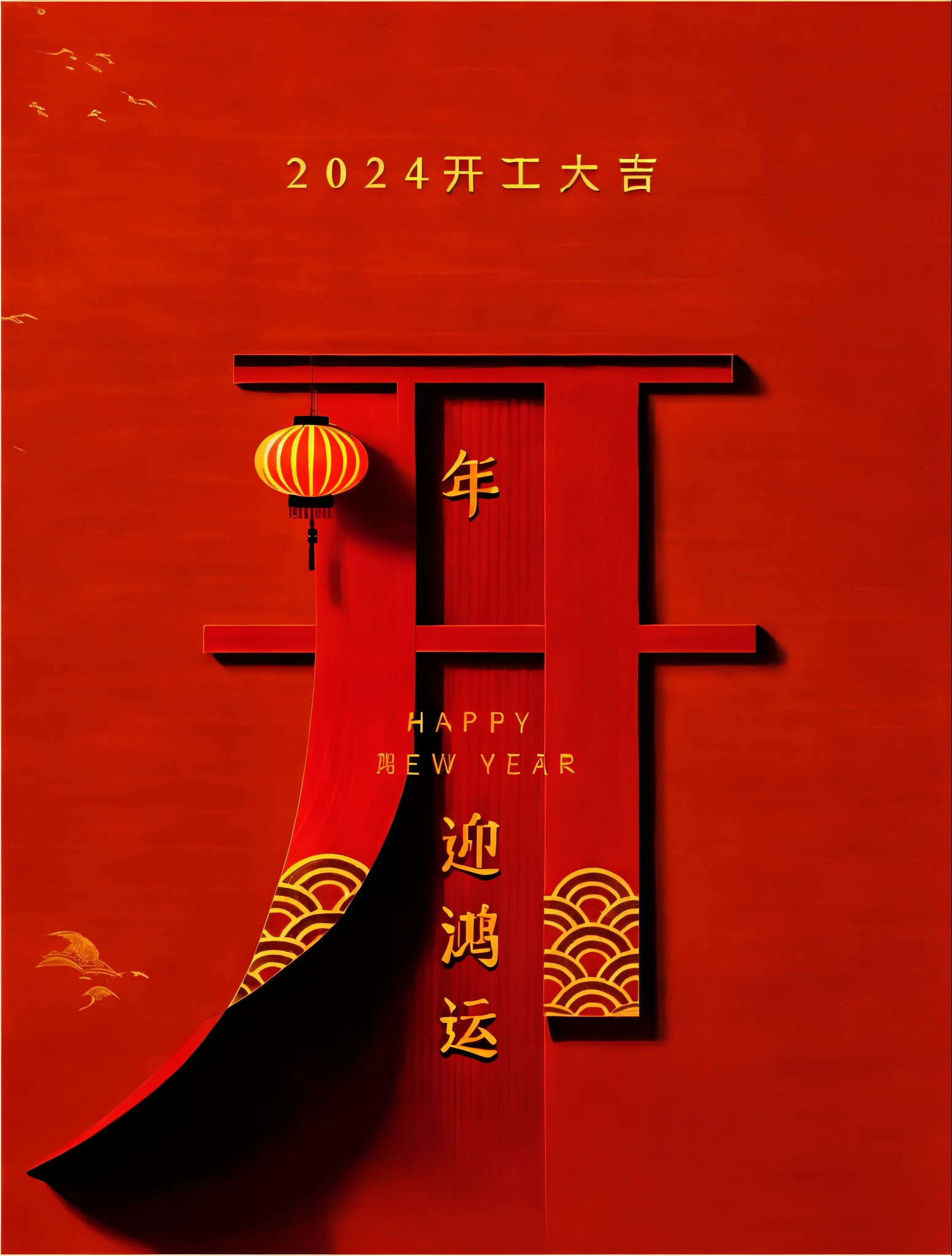 A red Chinese palace wall door ,2 0 2 4 Chinese style poster,lantern,Pictures to welcome the Chinese New Year, Chinese text, Inspired by Sang Hee, Chinese heritage